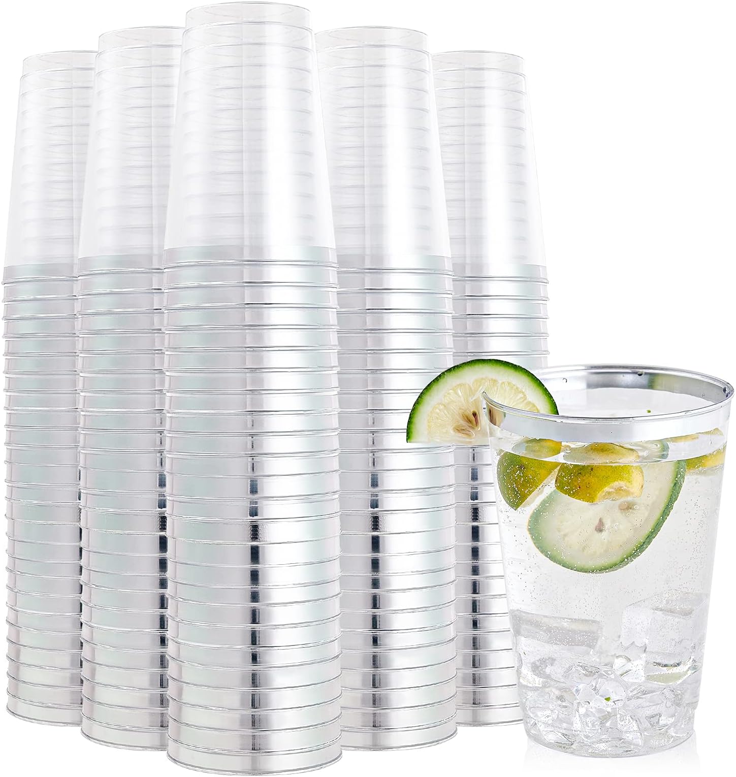 FOCUSLINE 200 Pack 12 oz Silver Rimmed Plastic Cups, Clear Plastic Cup 12 Ounce Tumblers, Heavy-duty & Fancy Disposable Cups with Silver Rim for Wedding Cups Elegant Party