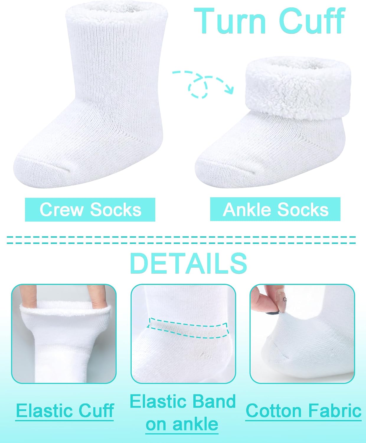 Baby Socks Newborn Terry Cotton Ankle Crew Socks 0-3 Months Girls Preemie Turn Cuff Infant Sock 10 Pairs