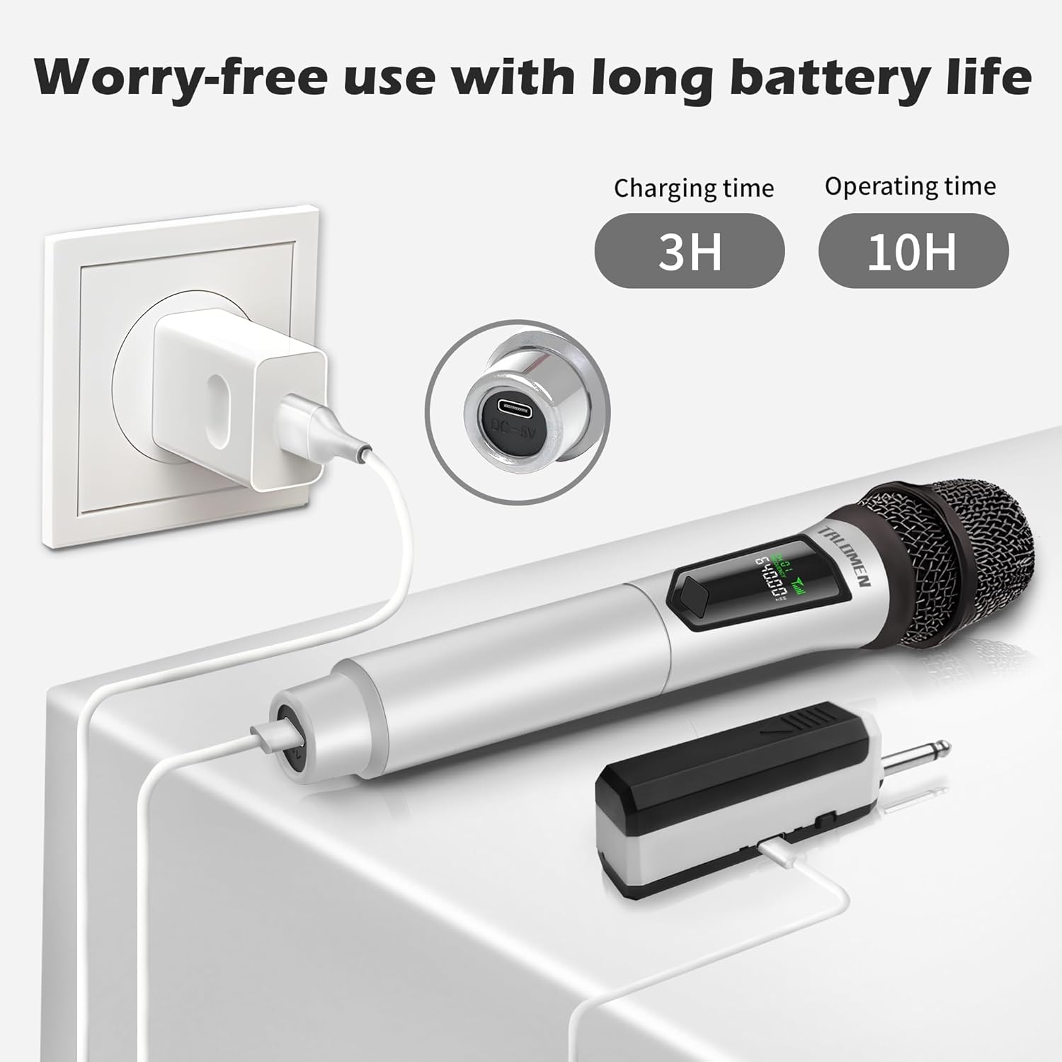 Wireless Microphone, Rechargeable Karaoke Microphone for Singing, 2.4GHz Handheld Cordless Dynamic Mic System with Receiver(160 Ft) for Wedding, DJ, Party, Speech, Church, K60-1, Silver - Image 4