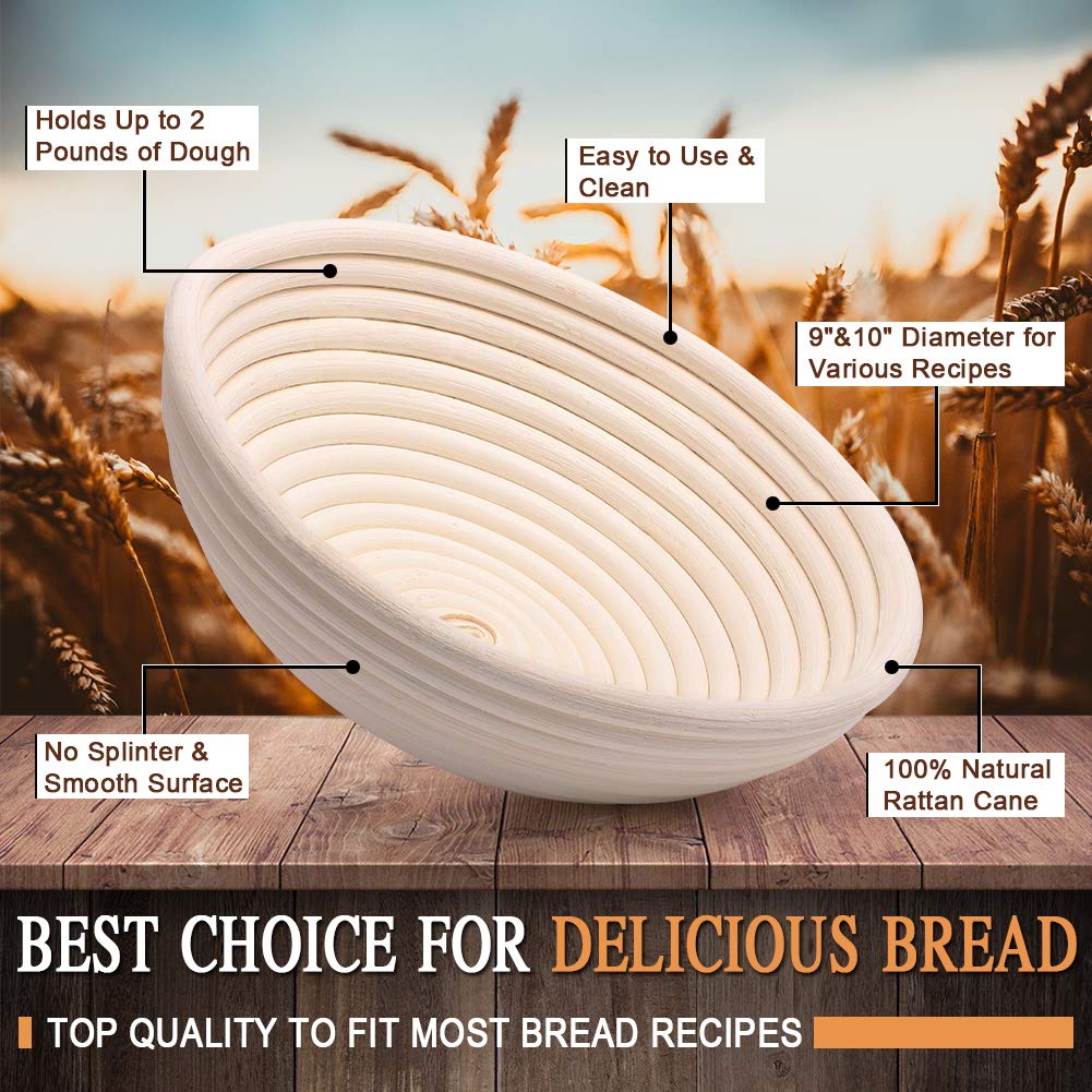Sourdough Bread Proofing Basket Set - 10" Round & 9.6" Oval Rattan Bannetons With Liner, Scraper, Whisk & Lame - View #5
