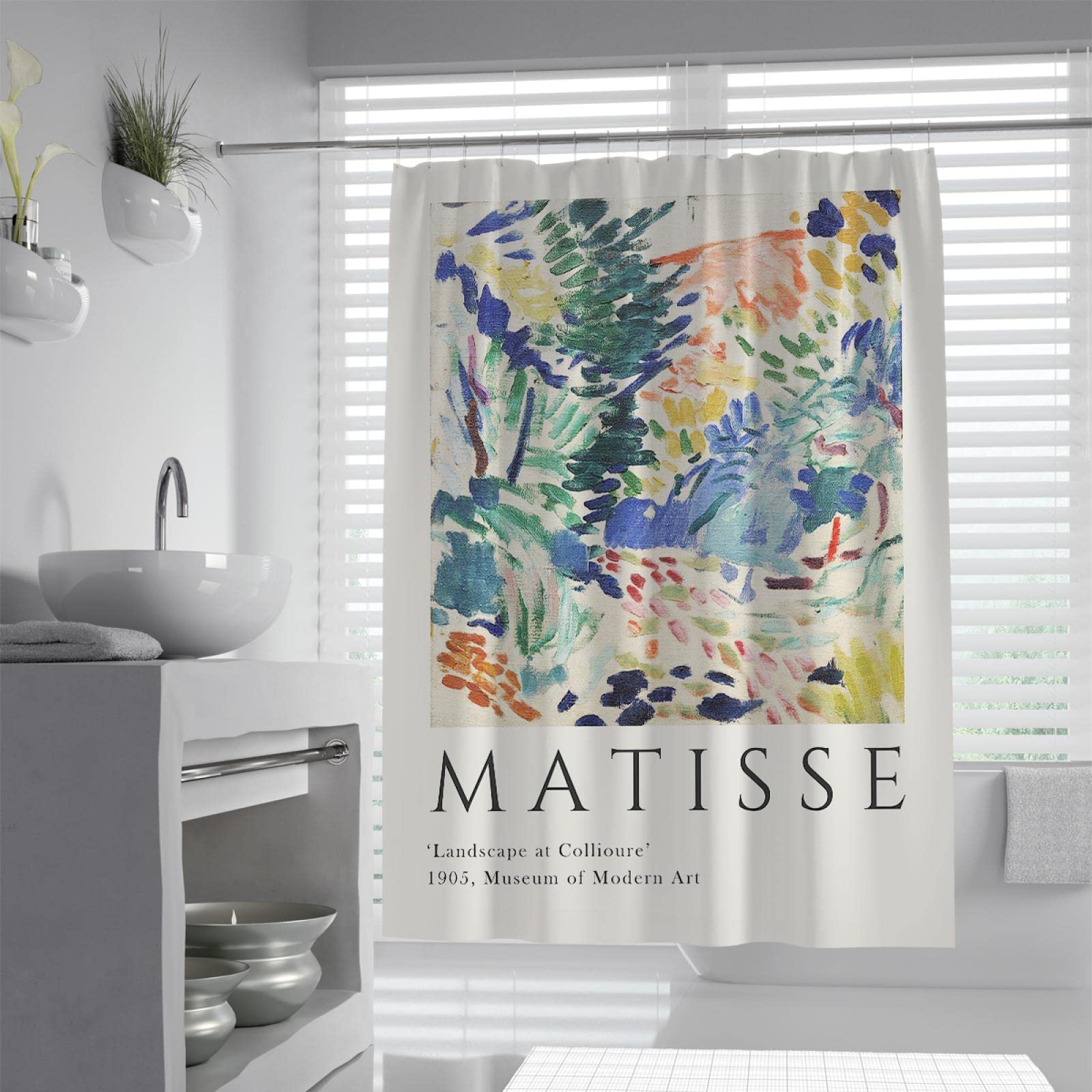 DINGSION Extra Wide Henri Matisse Shower Curtain Set Colorful Line Artwork Landscape At Collioure Polyester Fabric Bathroom Shower Curtain W120x180cm