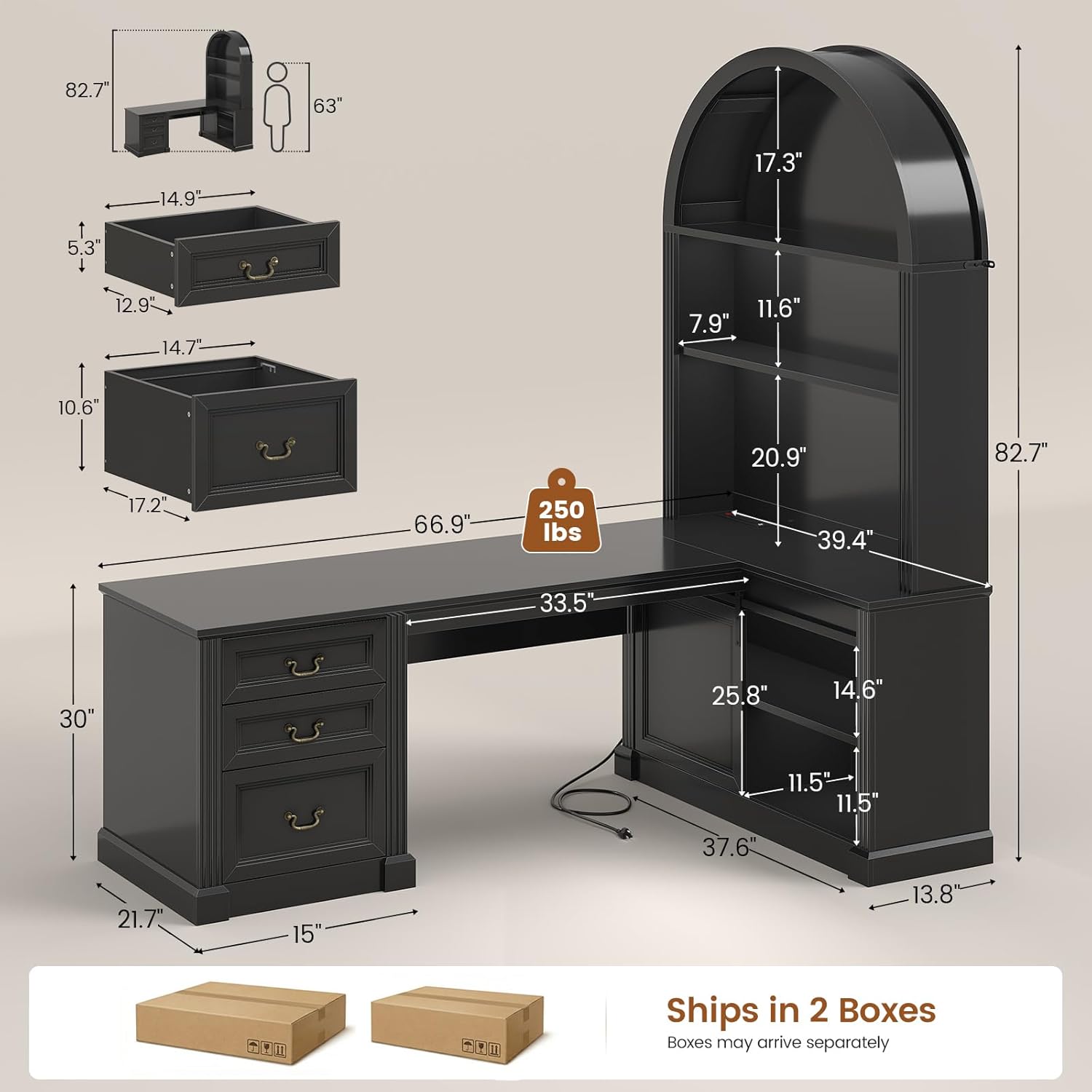 SEDETA 67" L Shaped Desk with Tall Arched Bookshelf, Mid-Century Office Computer Desk with 3 Drawers and Storage Shelves, Corner Executive Desk with Sliding Barn Door for Home Office, Black