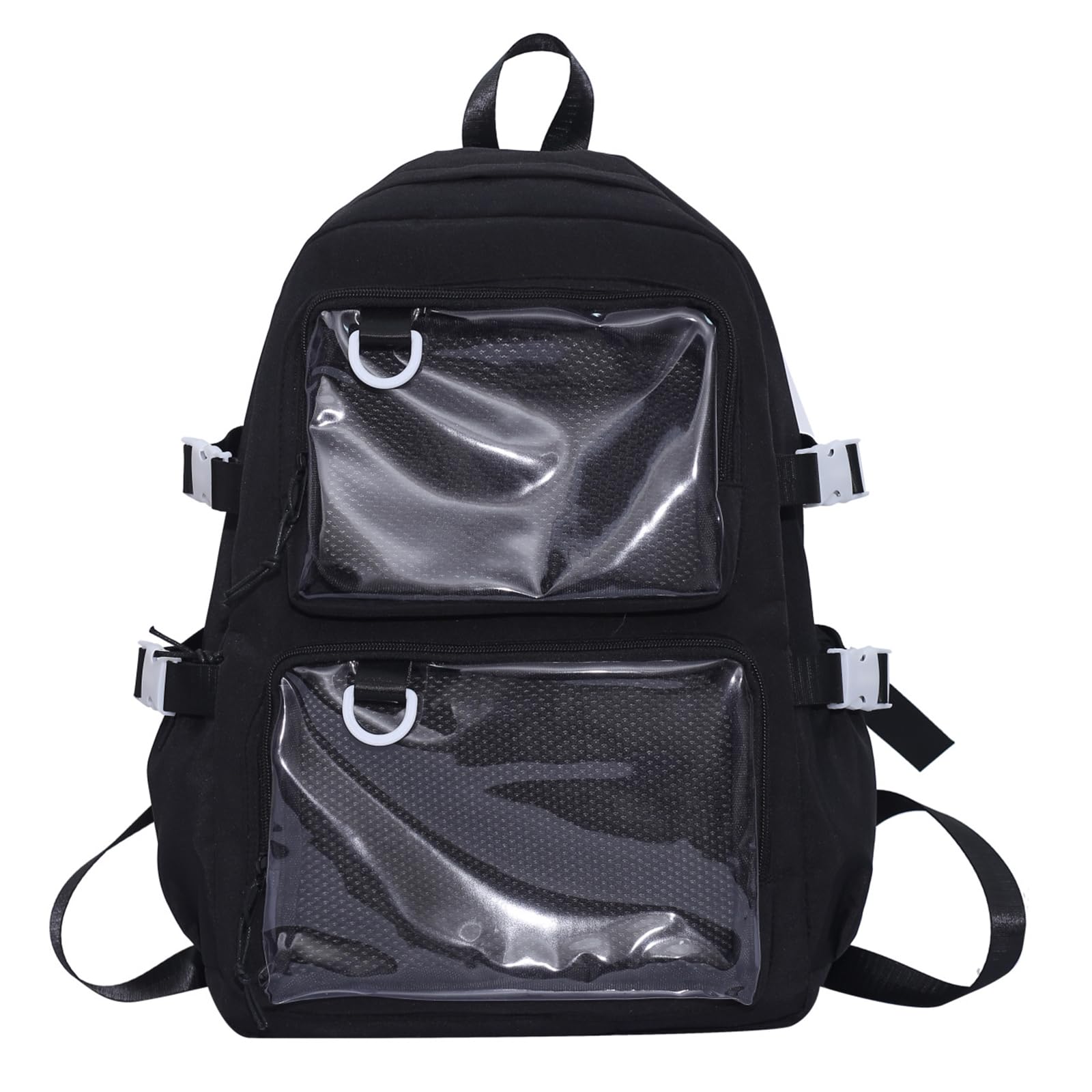 [Fpbiagoq] College Student Large Capacity Nylon Backpack Itabag Japanese Clear Pocket School Bag Anime Badge Pin Display Nylon PVC School Bag, Black