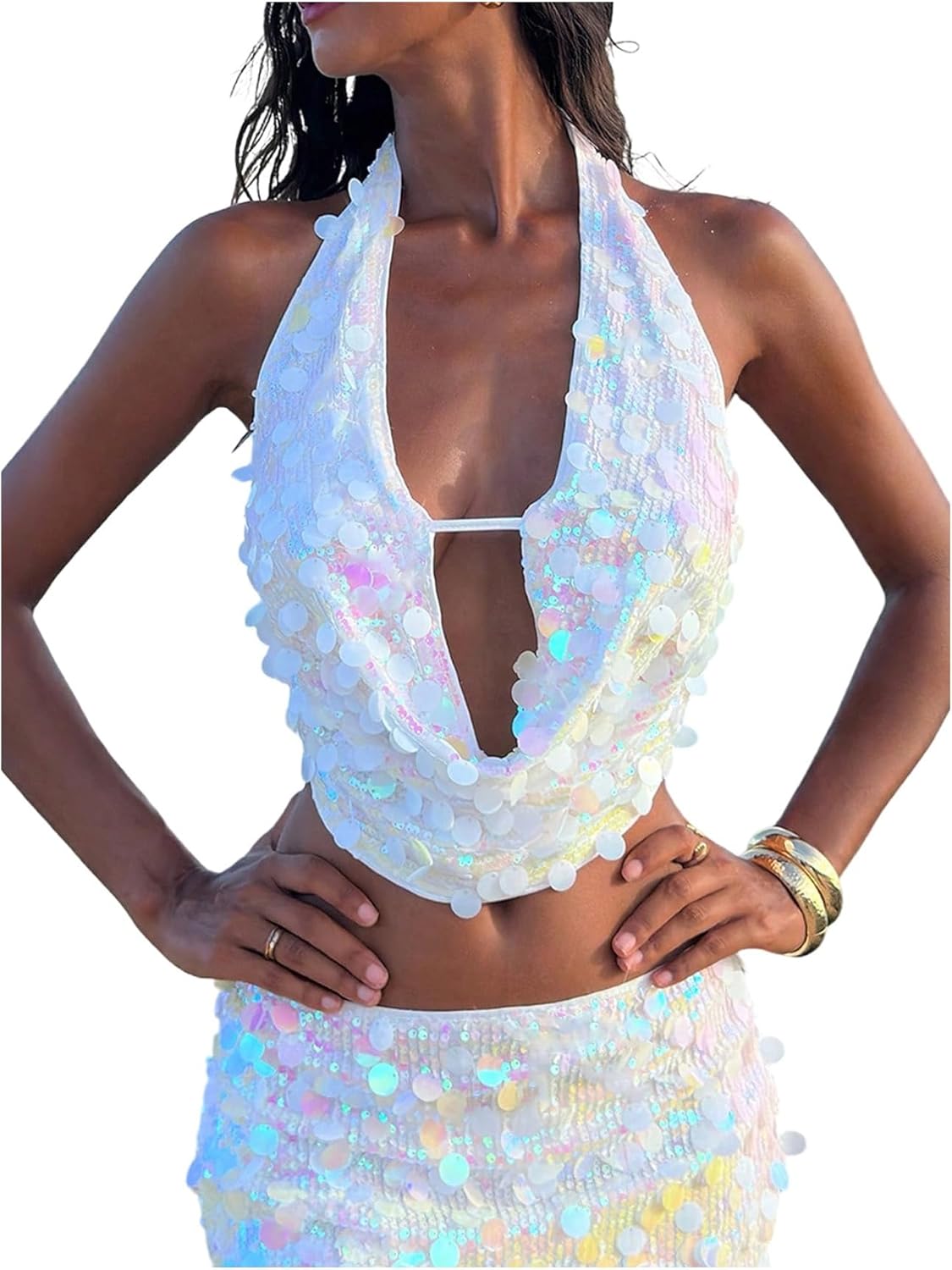 SweatyRocks Women's Sequin Y2K Top Draped Deep V Neck Backless Sparkle Party Rave Halter Tops
