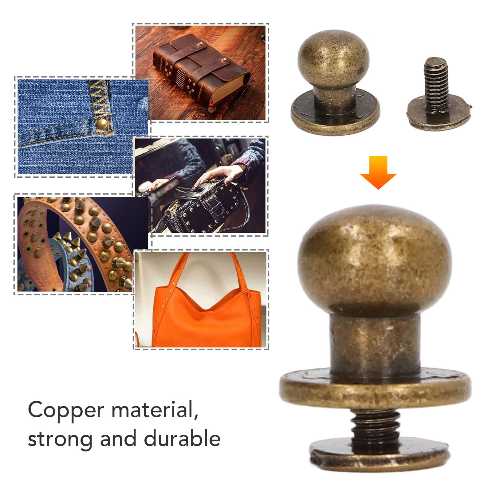 Remaches de cobre Monk, 200 juegos, acabado brillante, liso, 10x8 mm, mano de obra exquisita, suministros para manualidades en cuero, ropa, bolsos, zapatos, armarios, remac (Bronce)