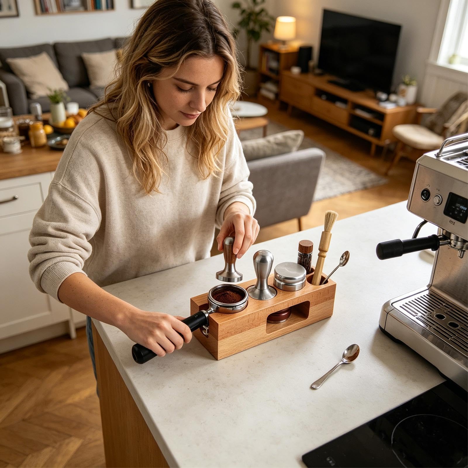Generisch Espresso Tamper Station 58 mm - Stazione multifunzione in legno