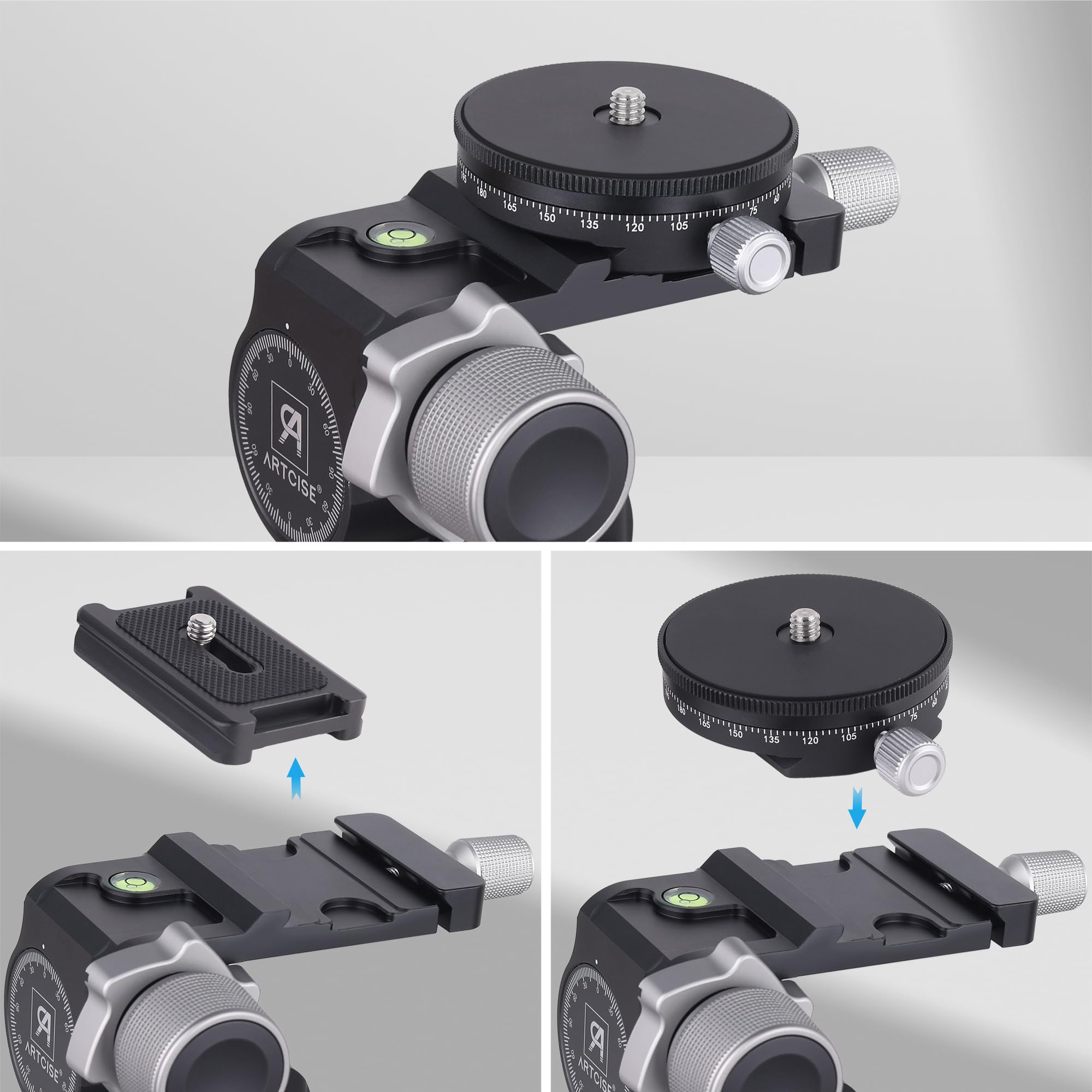 Cabezal de trípode con engranajes de 3 vías, cabezal de trípode con engranajes ARTCISE con placa QR tipo Arca y placa QR panorámica de tipo Arca de 360 °, microajuste milimétrico, carga máxima de 6 kg