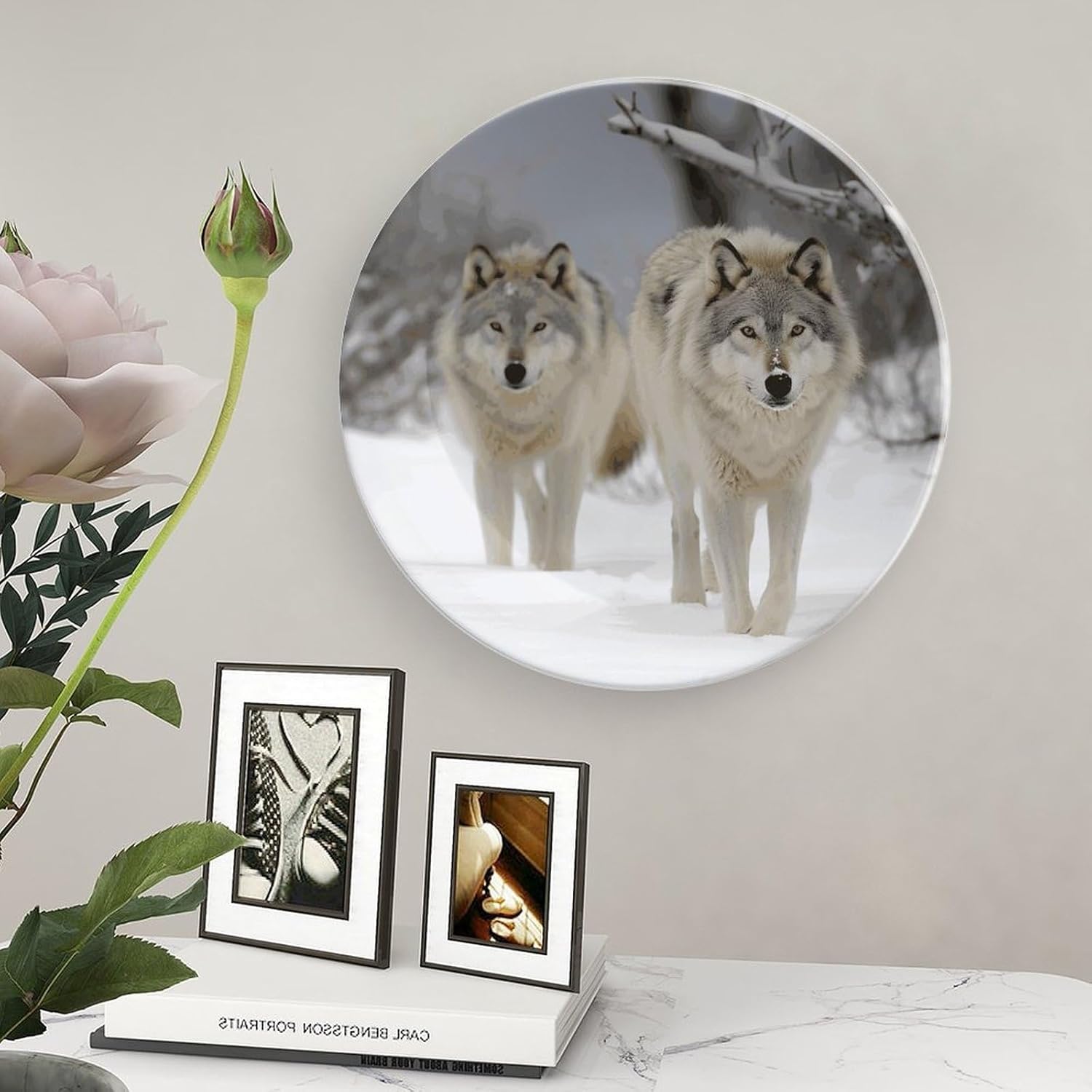 Two Wolves Walking in The Snow Bone China Decorative Plate with Display Stand, Ceramic Ornaments Plate for Wall Hanging, Personalized Porcelain Plates for Office, Living Room 8inch