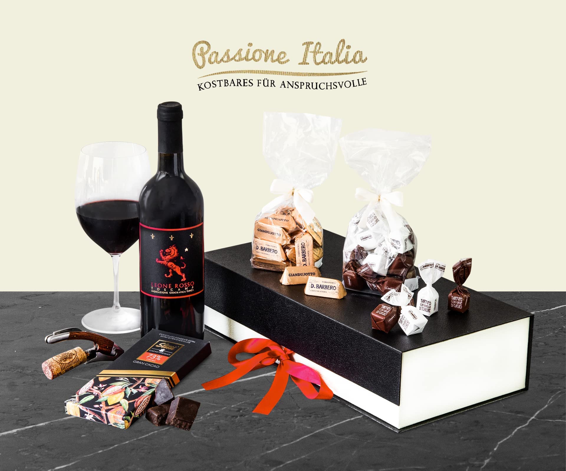 Geschenkset Purer Genuss mit Premium-Toskana Rotwein und Pralinen Tartufi und Zartbitter Schokolade