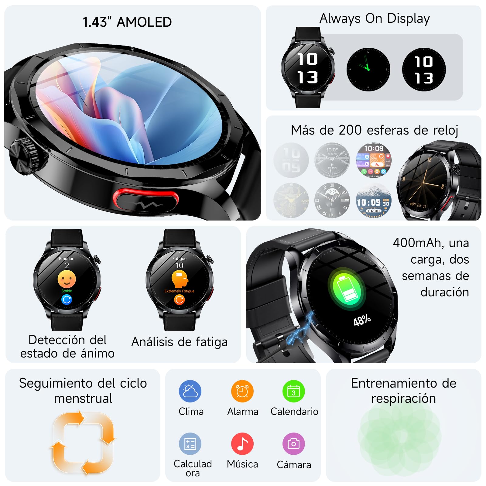 2026 Nuevo ECG Reloj Inteligente Hombre con HRV/BMI, 1.43“ AMOLED Smartwatch con 24H Pulsómetro SpO2 Monitor de Sueño, Pulsera Actividad para Android iOS