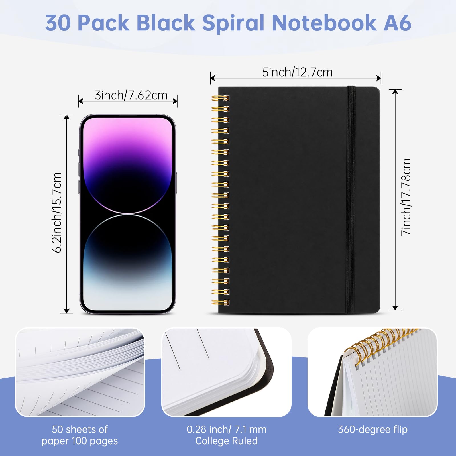 Watersay 30 Pcs Small Spiral Notebooks A6 with Straps, Multicolor 5" x 7" Pocket Notebooks Mini Lined Journals 50 Sheets for Back to School Supplies Students Rewards Office Gifts (Black)