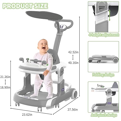 Miniatura 2 de Andador para bebés, andador plegable 5 en 1 con ruedas, música, 4 alturas con asa de empuje, gorila para bebés, bandeja de alimentos, sombrilla,