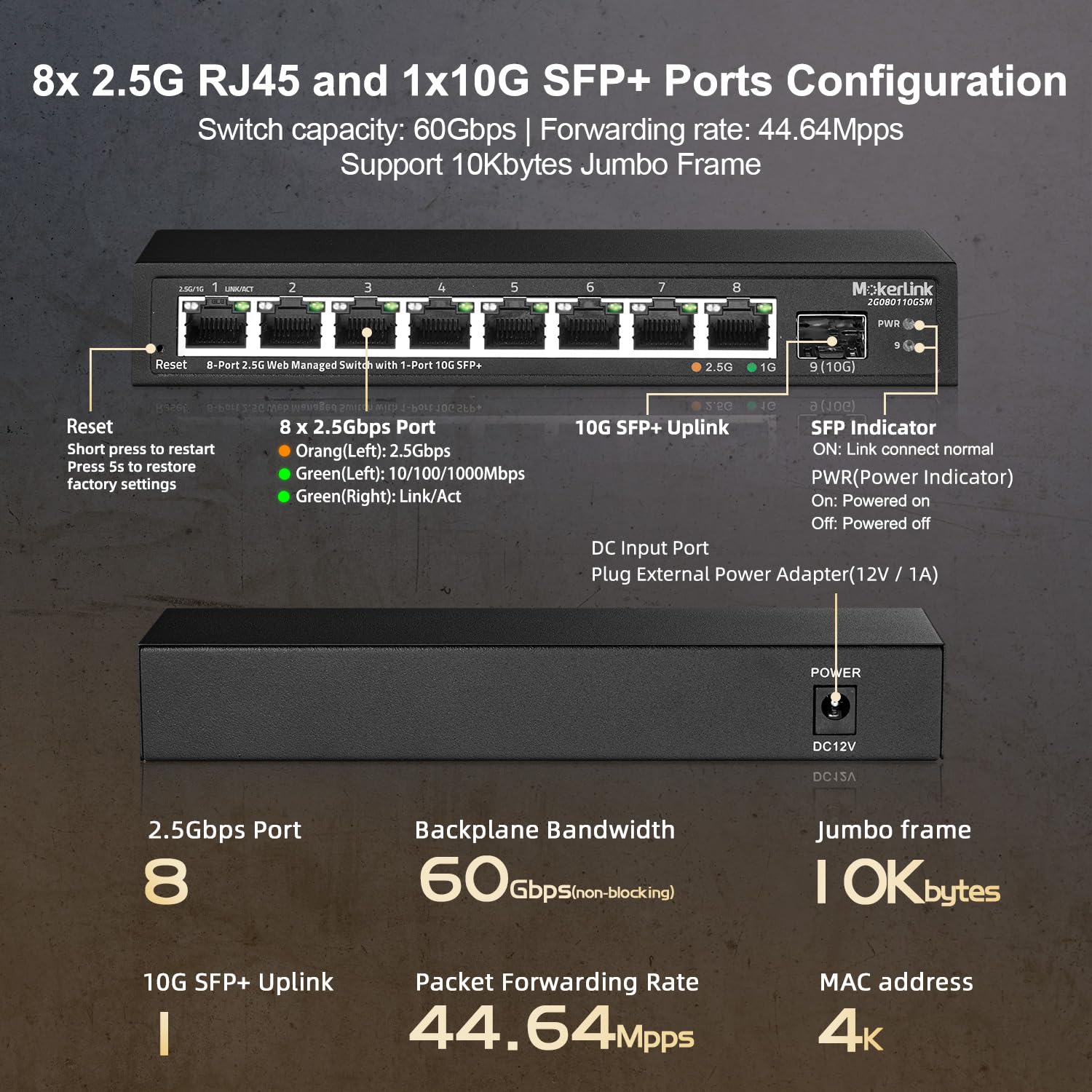MokerLink 8 Port 2.5 Gigabit Managed Switch mit 10G SFP+ Slot, 8 x 2.5G Base-T Ports kompatibel mit 10/100/1000Mbps, Mini Größe Metall Web Managed Netzwerk Switch ohne Lüfter