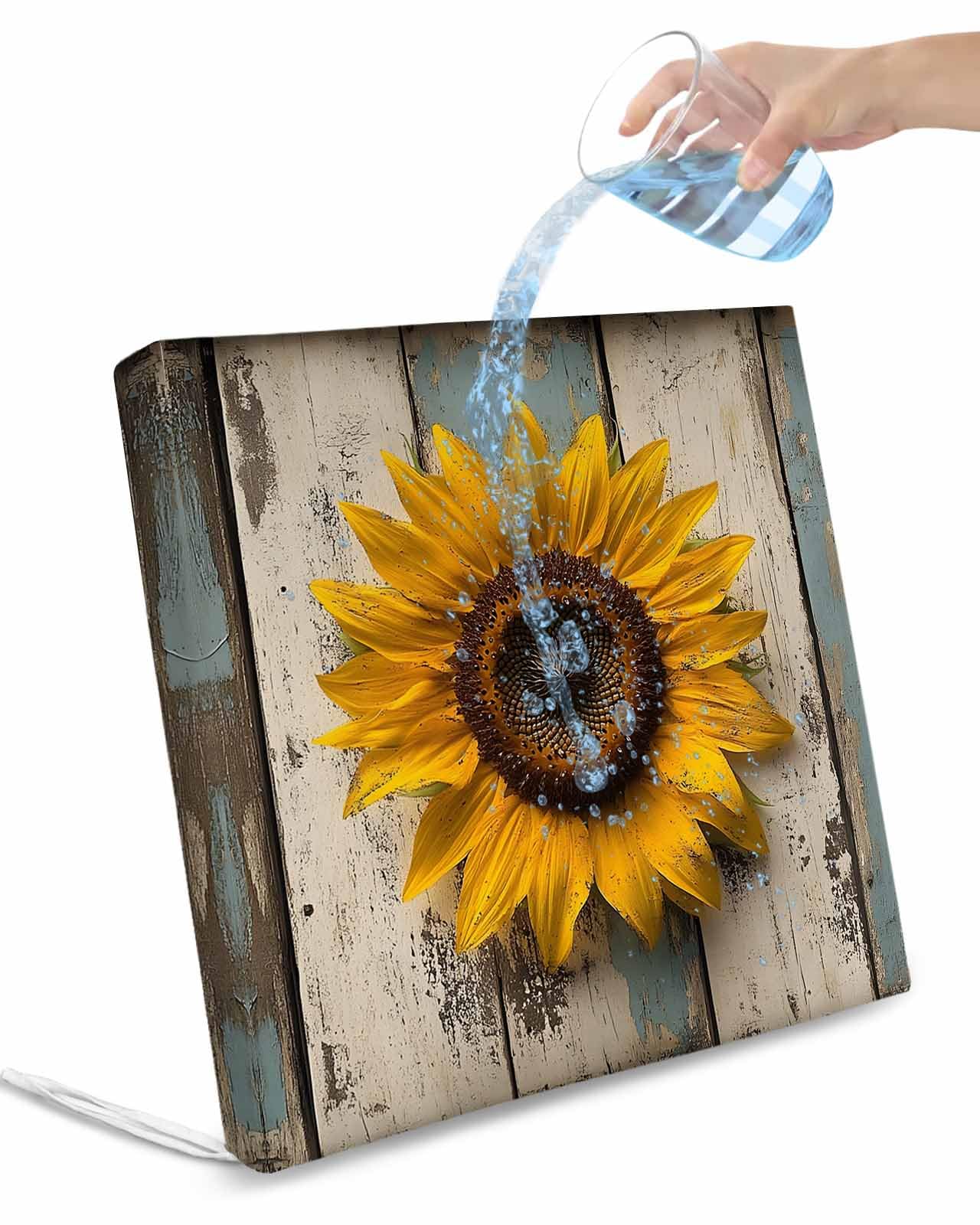 2 Pack Vintage Sunflower Waterproof Cushion Covers with Ties, Outdoor Patio Chaise Lounge Chair Seat Cushion Slip Covers Replacement(Only Cover) Farmhouse Wooden Botanical Floral 22