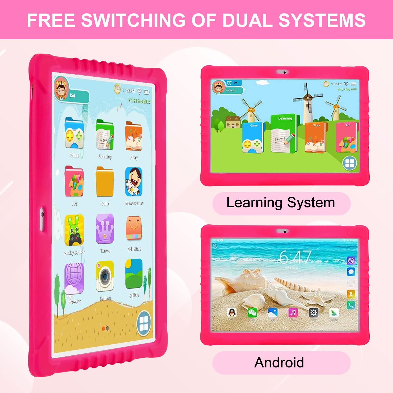 Touch Kids Tablet Pro Kid Tablet Pad tablet edukacyjny dla dzieci, 1 GB + 16 GB, Android 8.1, ekran dotykowy IPS 10", Google Play, 16 GB SD, rysik, fabrycznie zainstalowany z etui ochronnym (różowy)