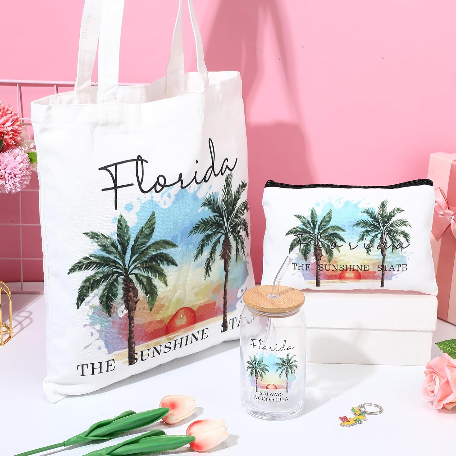 chuangdi 4 pcs florida travel gifts set canvas bag cosmetic bag 16 oz tumbler and keychain florida city souvenirs for christmas traveler friend lover sister gifts