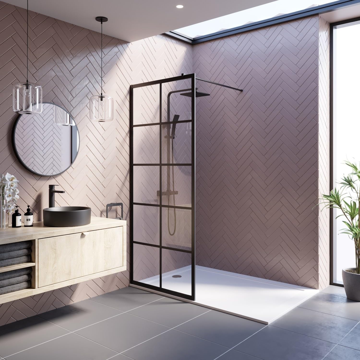 BAYSTONE® 800mm Wet Room Shower Screen Panel Grid 8mm Toughened Safety Easy Clean Glass Walk in Shower Enclosure, Matt Black — image 1