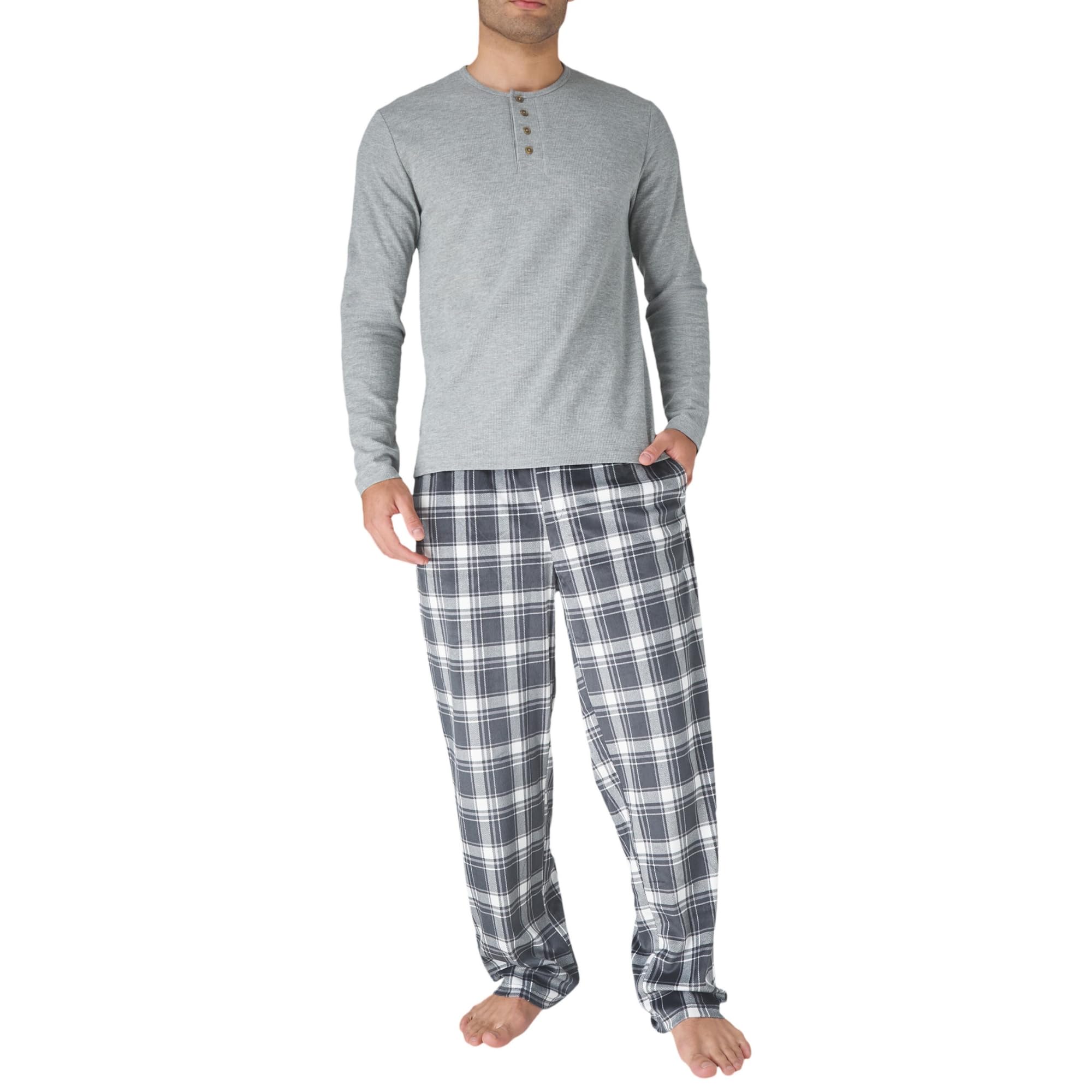DOCKERS Men's Pajama Sets, Plaid PJ Pants for Men Lounge Set Long Sleeve Shirt Plaid Bottoms Dark Grey
