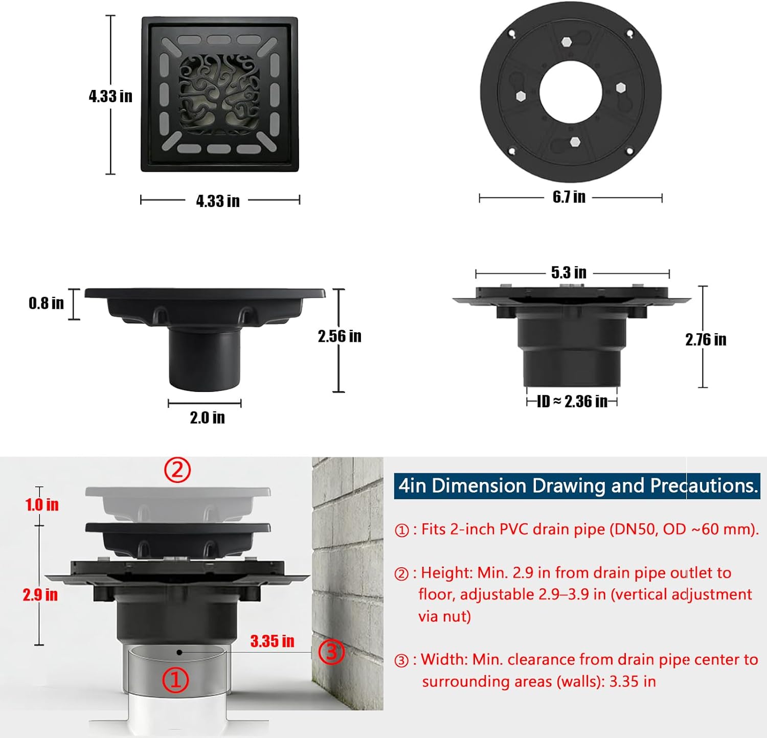4 Inch Shower Drain, Square Shower Floor Drain Kit with Flange and Removable Cover Grate, AISI 304 Stainless Steel, Matte Black