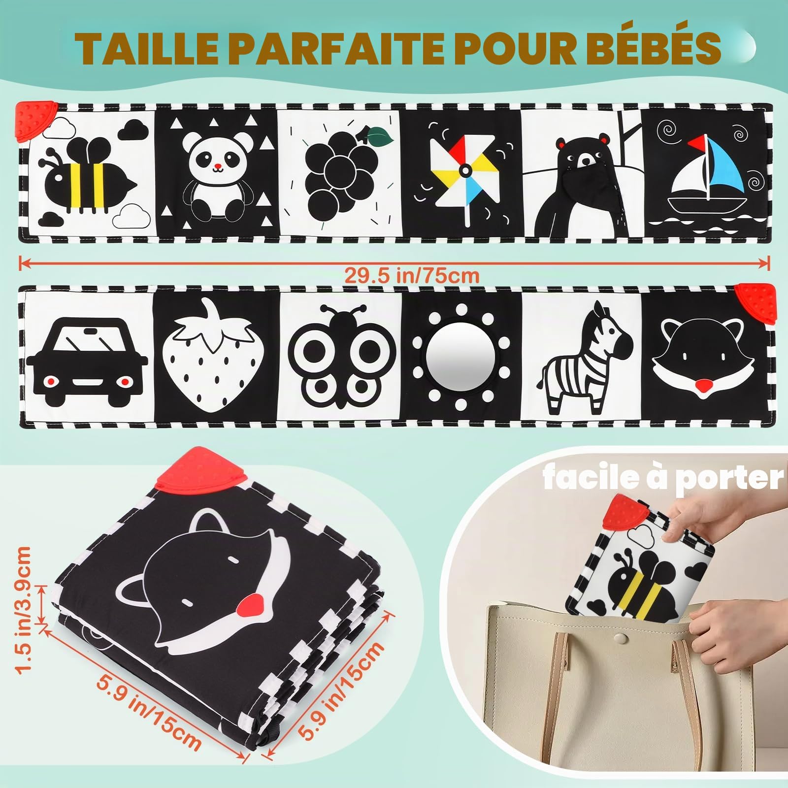 BBWOO Livre bébé 0-12 Mois, Livre Noir et Blanc bébé sensoriel Montessori, Jeux et Jouet d'éveil pour Tummy Time, Pliable et Lavable, avec Anneau Dentition et Miroir, Un Cadeau Parfait