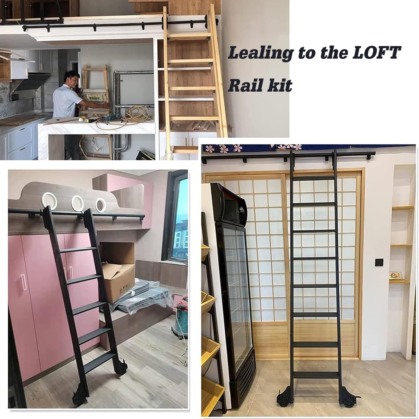 Kit de herramientas para escalera de biblioteca, riel de escalera de tubo redondo de acero móvil con ruedas de rodillo para uso en interiores, hogar, ático, biblioteca