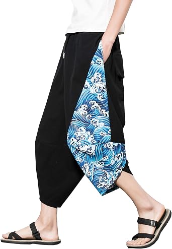 DOSLAVIDA Mens Linen Harem Capri Pants Lightweight Elastic Waist Wide Leg Cropped Trousers Casual Loose Beach Capris