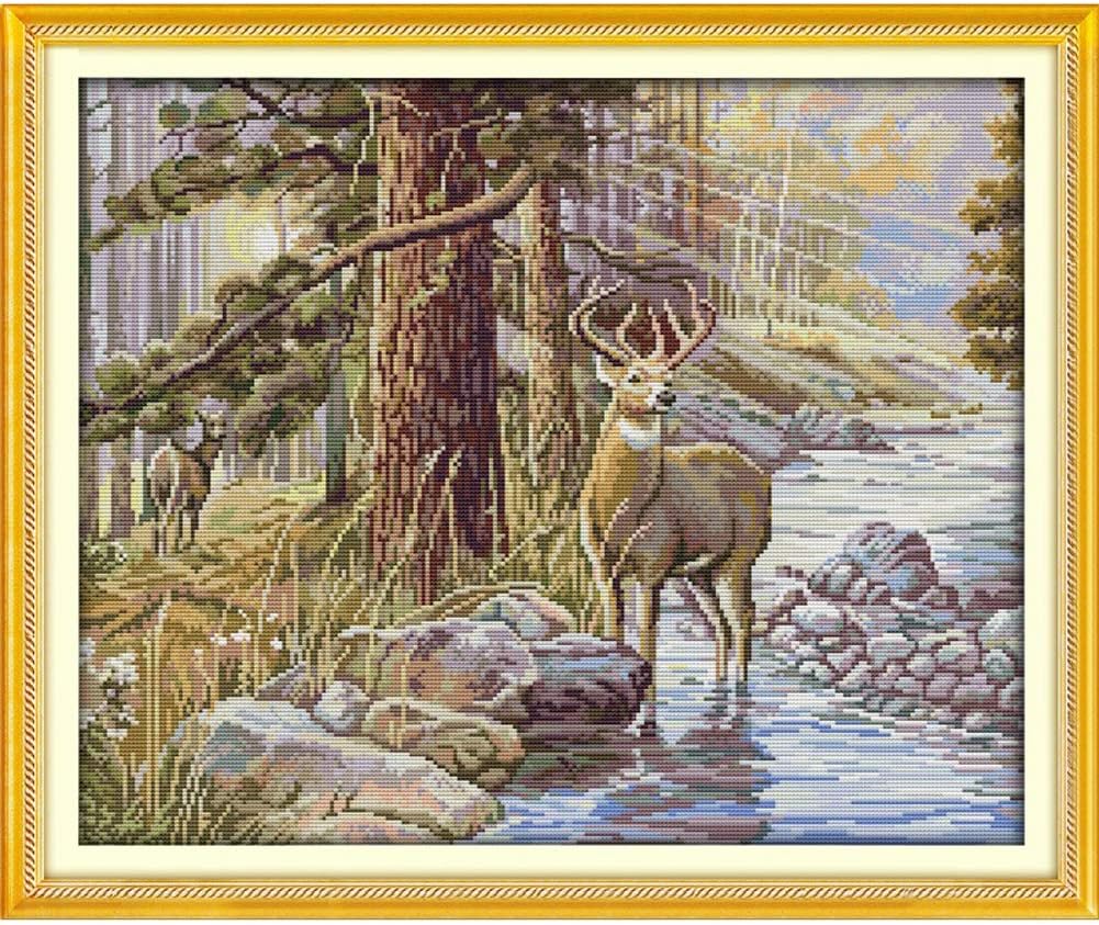 Joyautum Stag White Counted Cross Stitch Kits Deers Patterns Embroidery Thread 14ct Cross-Stitch Set Needlework DIY Landscape Perfect New