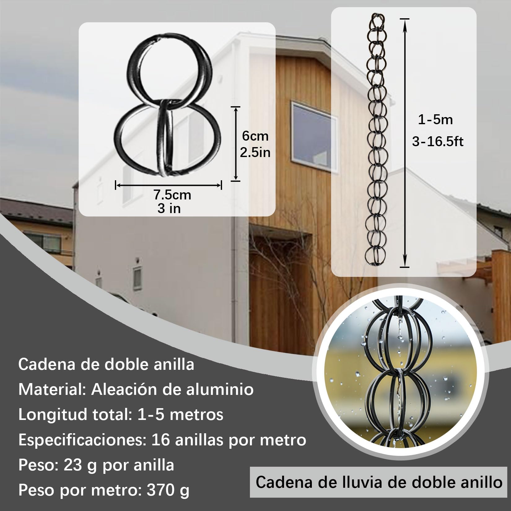 Cadena del Colector de Lluvia del Metal,Cadena de Lluvia Exterior,Agua de Lluvia de los Bajantes de los Canales,Desviador del,para Casa, Jardín, Exterior,Temple Villa 3m(10ft)