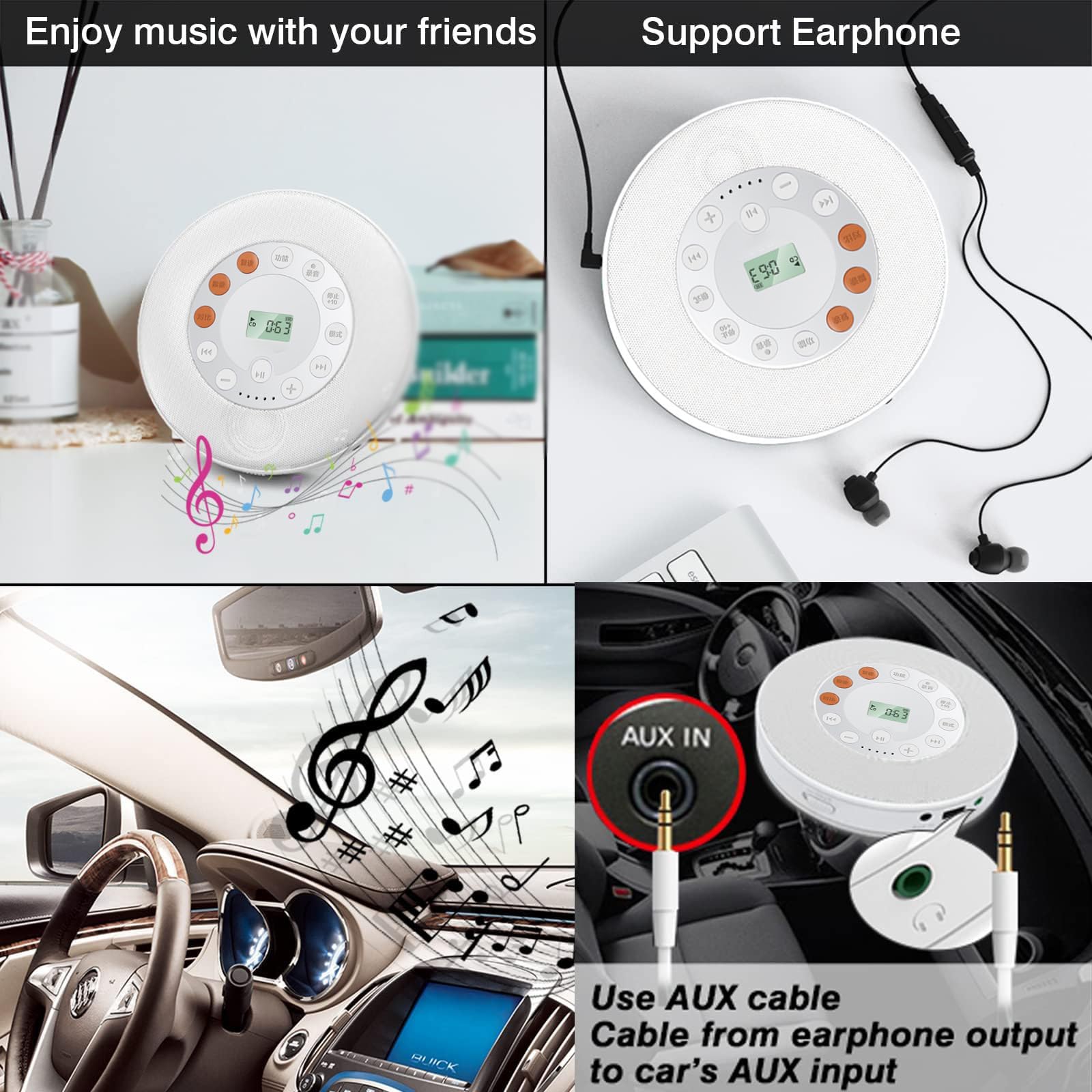 Lettore CD Bluetooth Portatile, Lettore CD Bluetooth Portatile Ricaricabile, Boombox Audio Domestico con Altoparlante Stereo e Display LCD, Lettore CD Musicale Compatto Ricaricabile per Auto/Viaggio