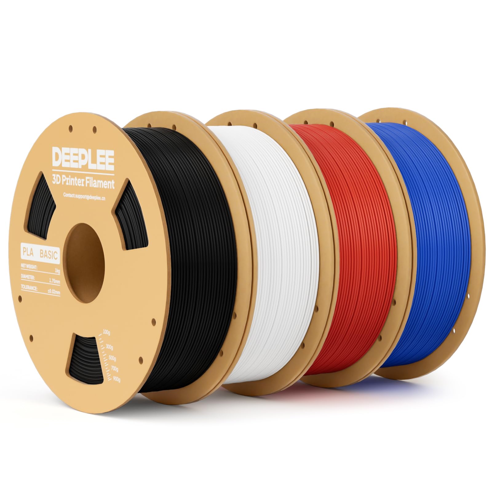 DEEPLEE Filament PLA Basic czarny, biały, czerwony i niebieski 4 kg 1,75 mm z dokładnością wymiarową +/- 0,02 mm, wysoka wytrzymałość, 4 szpule kartonowe do drukarek 3D FDM