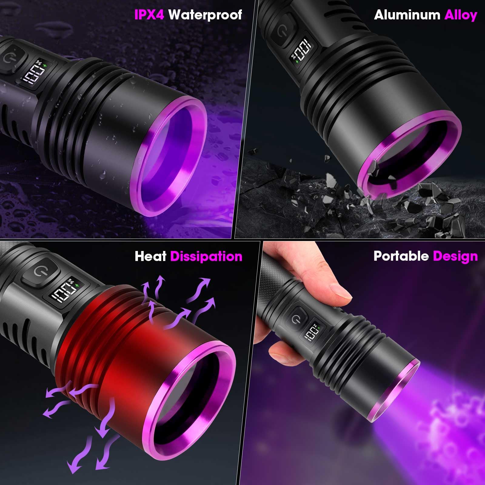 Linterna UV de 20 W, 365 nm de luz negra, linterna con USB recargable, lámpara de luz UV de 7000 mAh para detección de orina de mascotas, búsqueda de ámbar, escorpión, resina, vidrio de
