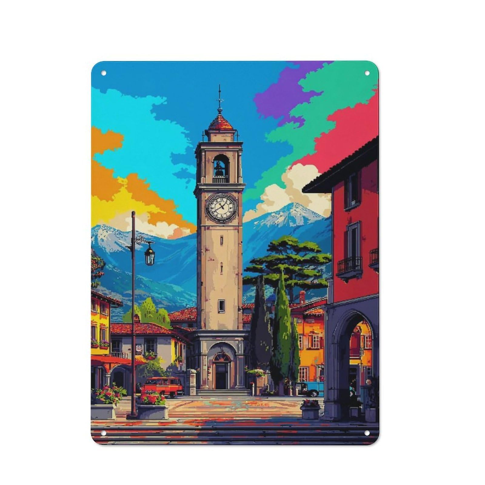 Junmoney Colorful Town Square With Clock Tower Metal Sign 40X30cm, Vintage Bar Wall Plaque For Diner, Restaurant, Shed Or Kitchen