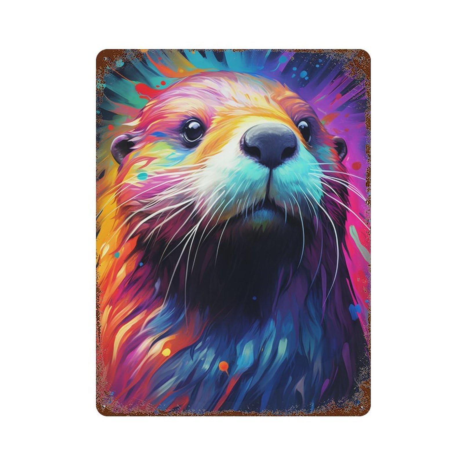 Colorful Otter Art Print Aged Metal Wall Plaque 15.7"x11.8", for Basement, Hobby Room And Garage Decor, Rustic Home Decor