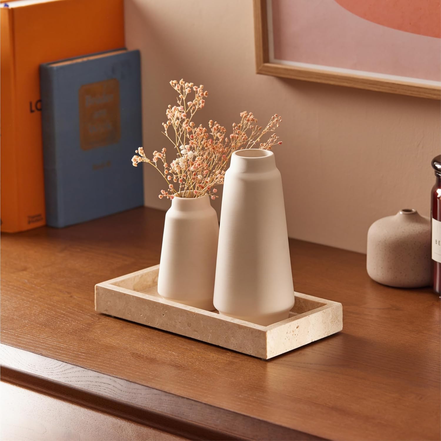 Navaris Travertine Decorative Tray - Durable Bathroom Organiser - Trays for Perfume, Jewellery, Vanity & Coffee Table Decor - 25 x 12cm Rectangle Tray, Beige