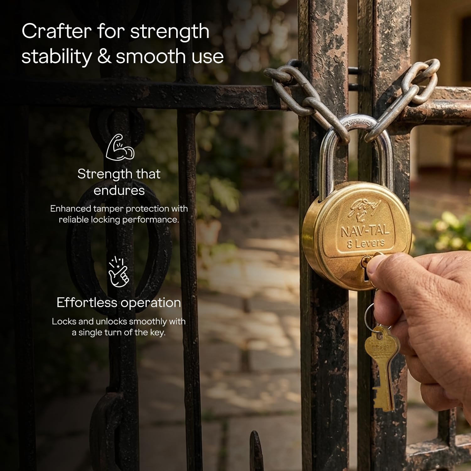 Godrej Locks | Navtal 8 Lever Brass Padlock 85mm with 3 Keys | Hardened Steel Shackle | Heavy Duty | for Main Door, Gates, Shutters, Warehouses, Offices & Industrial Use | 1 Year Warranty — Amazon image 7