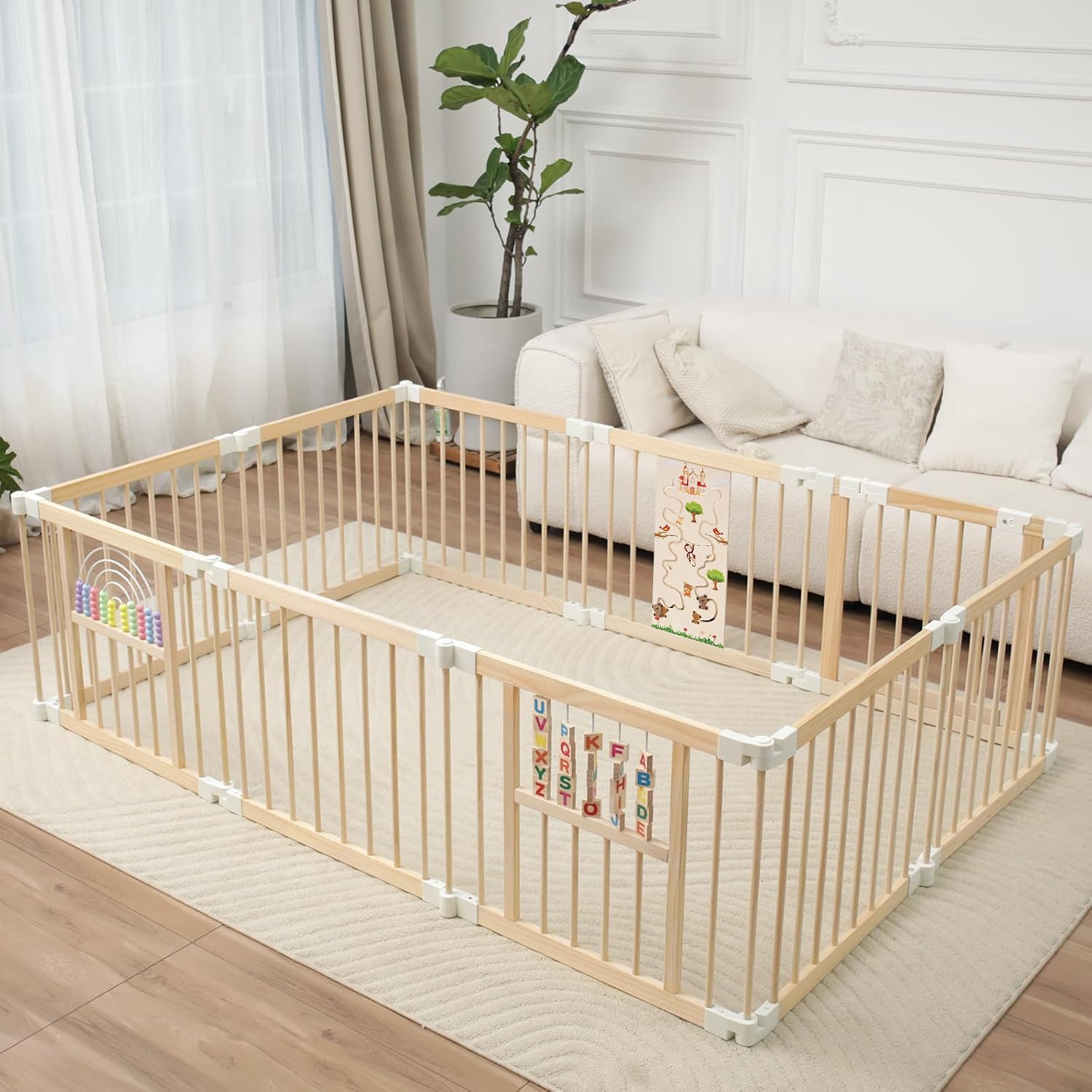 Ulnxiy Foldable Wooden Baby Playpen Activity Center,Adjustable Size & Shape Portable Play Yard, Baby Fence Play Area with Gate for Indoor Use for