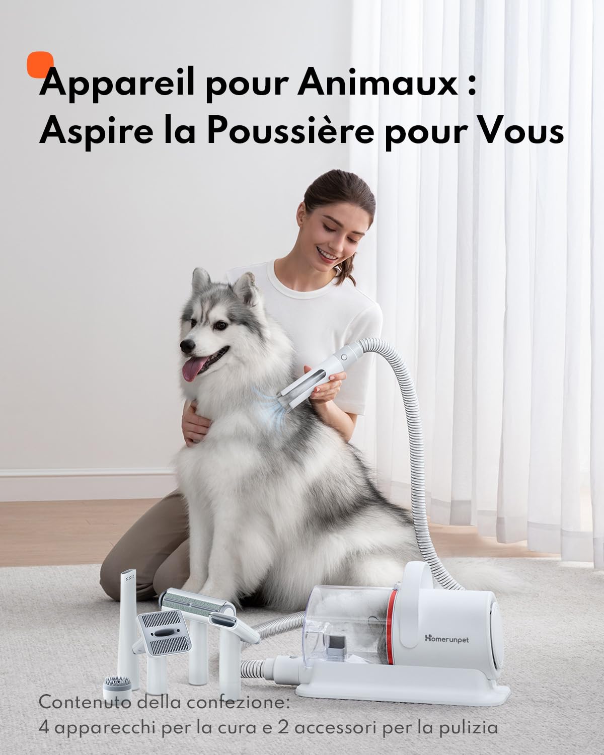 Homerunpet Aspirateur Poil de Chien, Ultrasilencieux & Super Aspirant Kit de Toilettage pour Animaux de Compagnie, Professionnel Tondeuse Chien Chat avec 6 Outils de Toilettage, 1,85L