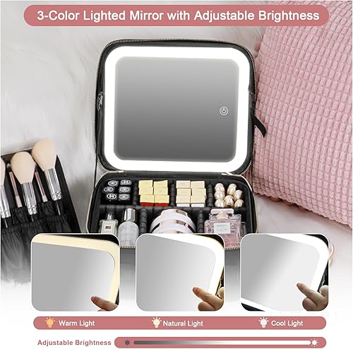 Miniatura 3 de Bolsa de maquillaje con espejo iluminado, caja de cosméticos de viaje, espejo iluminado LED de 3 colores con brillo ajustable, cuero impermeable,