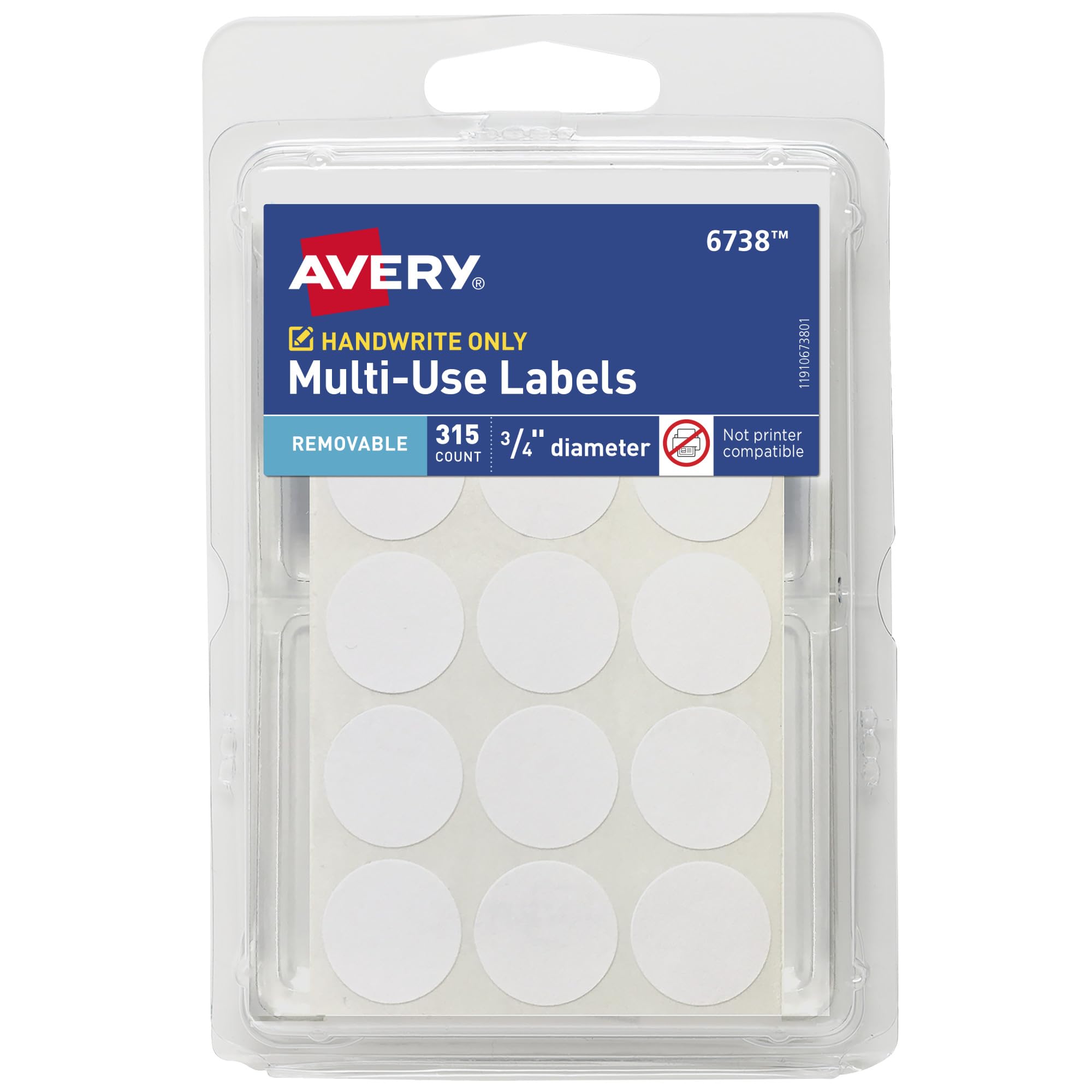 Avery Multi-Use Removable Labels, 3/4 Inch Round Stickers, White, Non-Printable, 315 Blank Labels Total (6738)