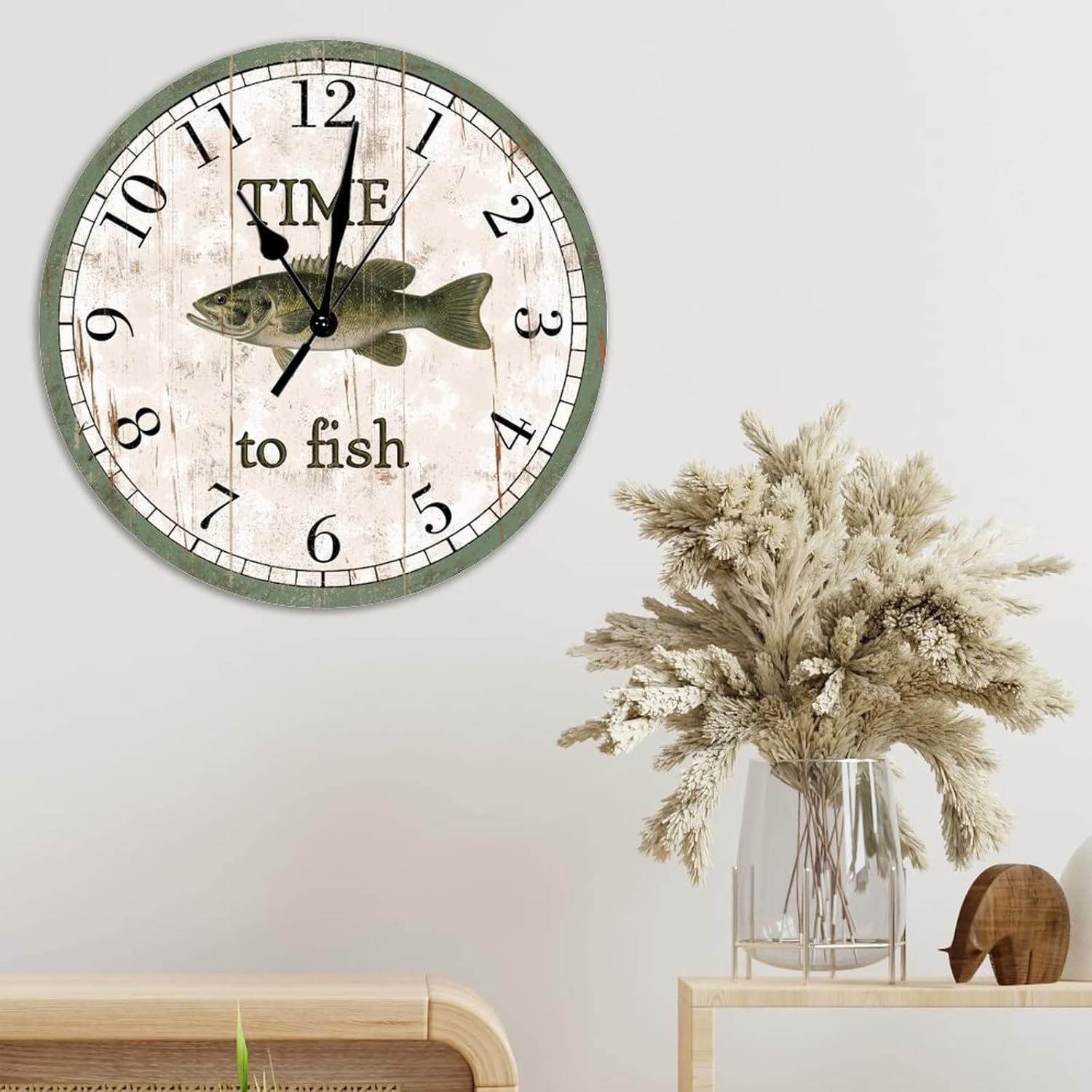 Time to Fish Decorative Wall Clock Smallmouth Bass Beach Decor Ocean Coastal Wooden Wall Clocks Silent Non Ticking 12Inch Wall Clock Vintage Country Style for Bathroom Bedroom Housewarming Gift