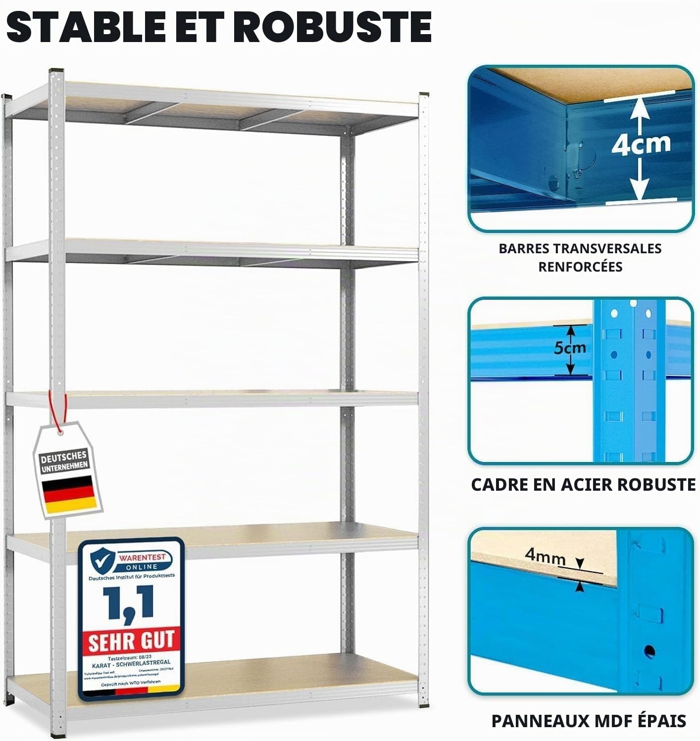 KARAT Étagère pour Charges Lourdes - Enfichable, de Sous-Sol, Établi - Charge Maximale : 1250 kg - Montage Rapide et Stable (Galvanisé, 200 x 90 x 45 cm)