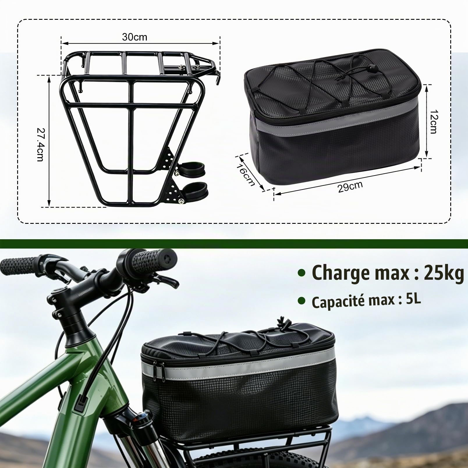 Porte-bagages avant de vélo en acier, porte-bagages universel pour roue avant | Pour cadre de vélo, construction en métal solide pour le transport, avec sac à bagages étanche de 5 l et réflecteurs