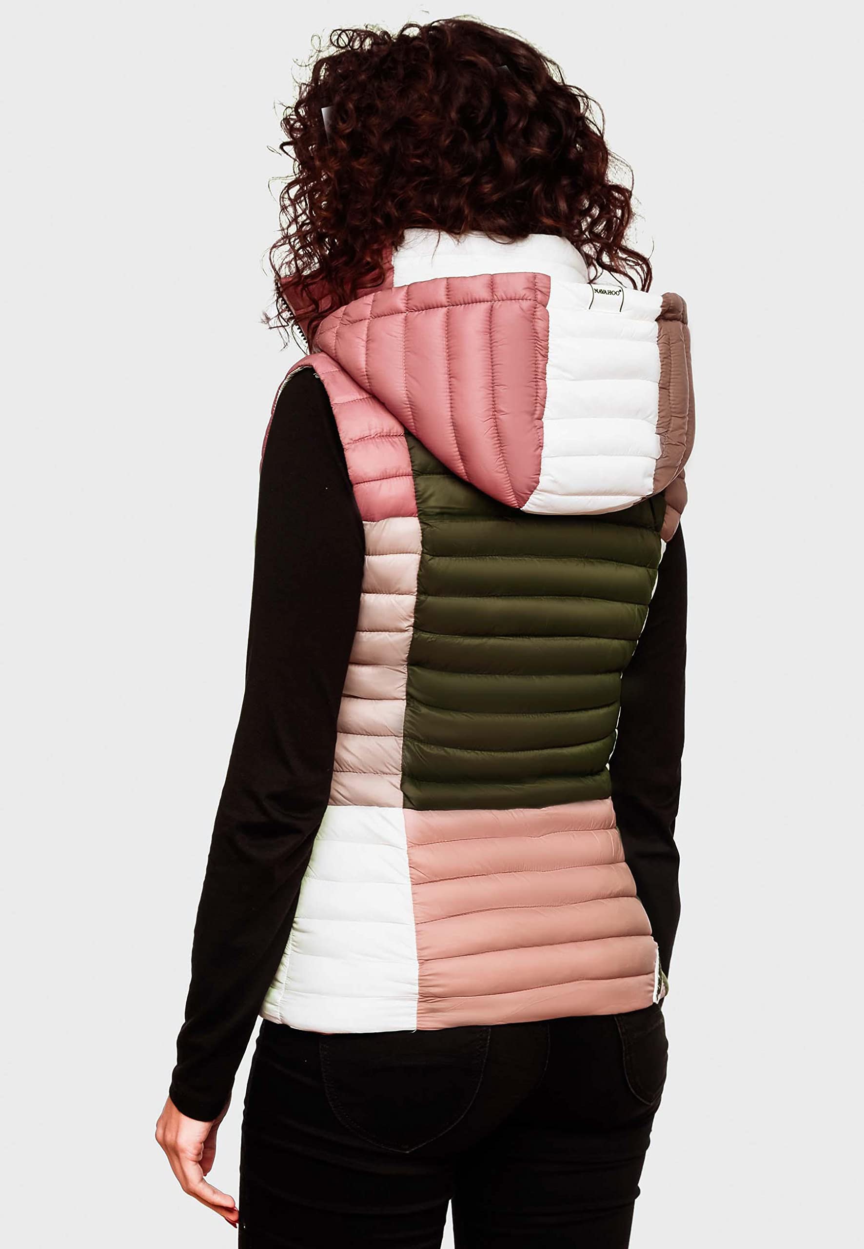 Navahoo Damen Steppweste leicht mit Abnehmbarer Kapuze Colourblocking-Stil Shadaa Multikulti XS-3XL