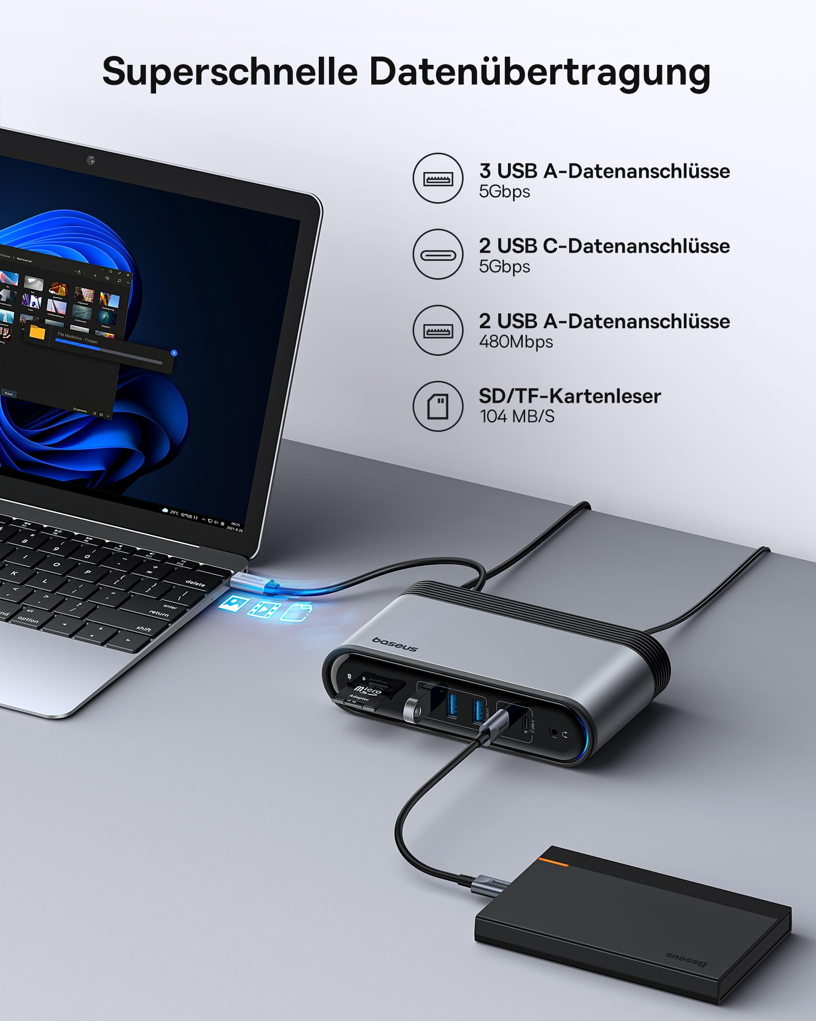 Baseus 17-in-1 Docking Station 4K HDMI*2 DP*1 zur Übertragung auf 3 Monitore mit 100W PD – Bild 5
