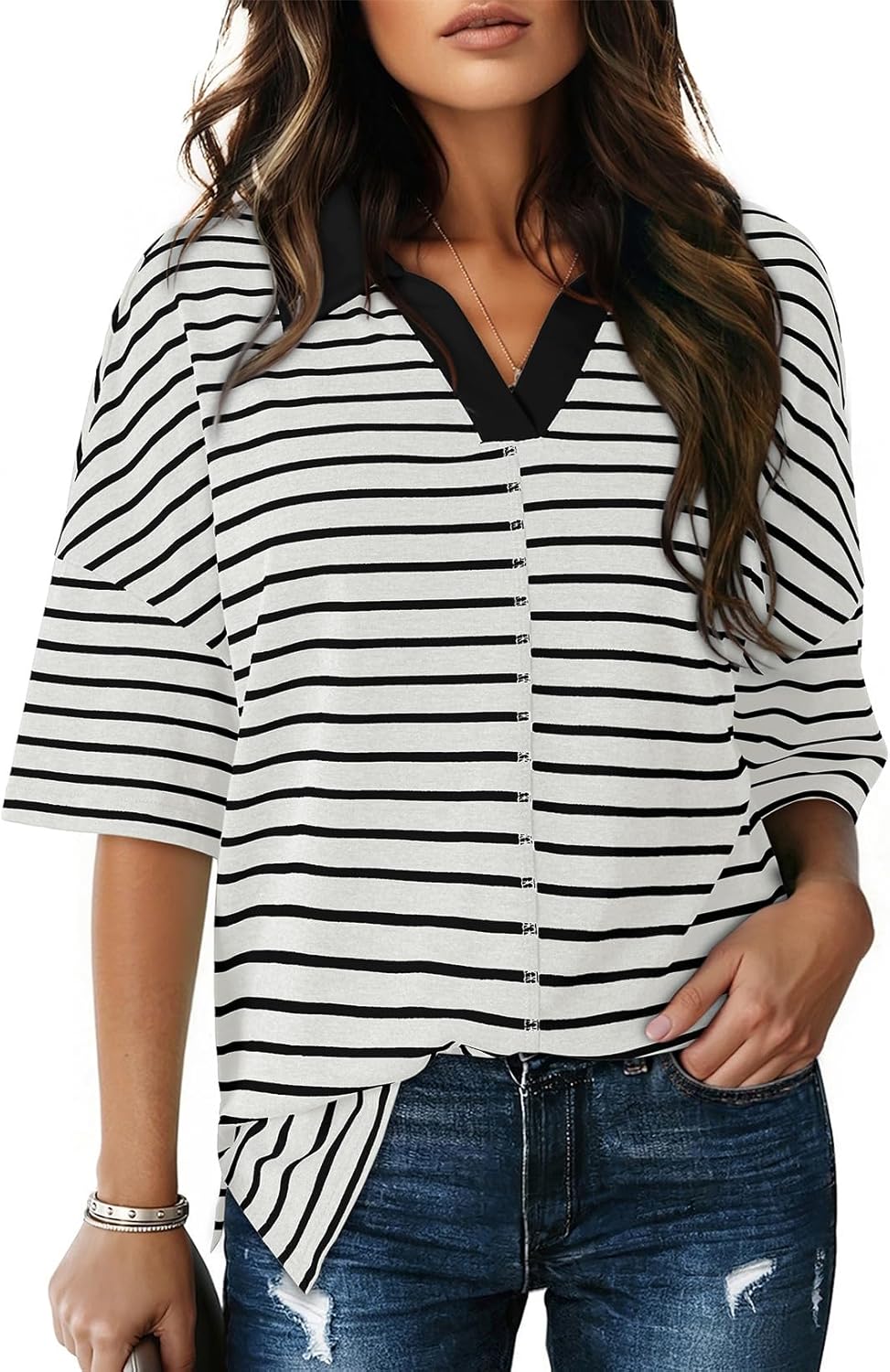 Dokotoo Tops for Women Striped 2025 Fashion Oversized T Shirts for Women Color Block Polo Shirts Basic Tee X-Large White Black Stripe