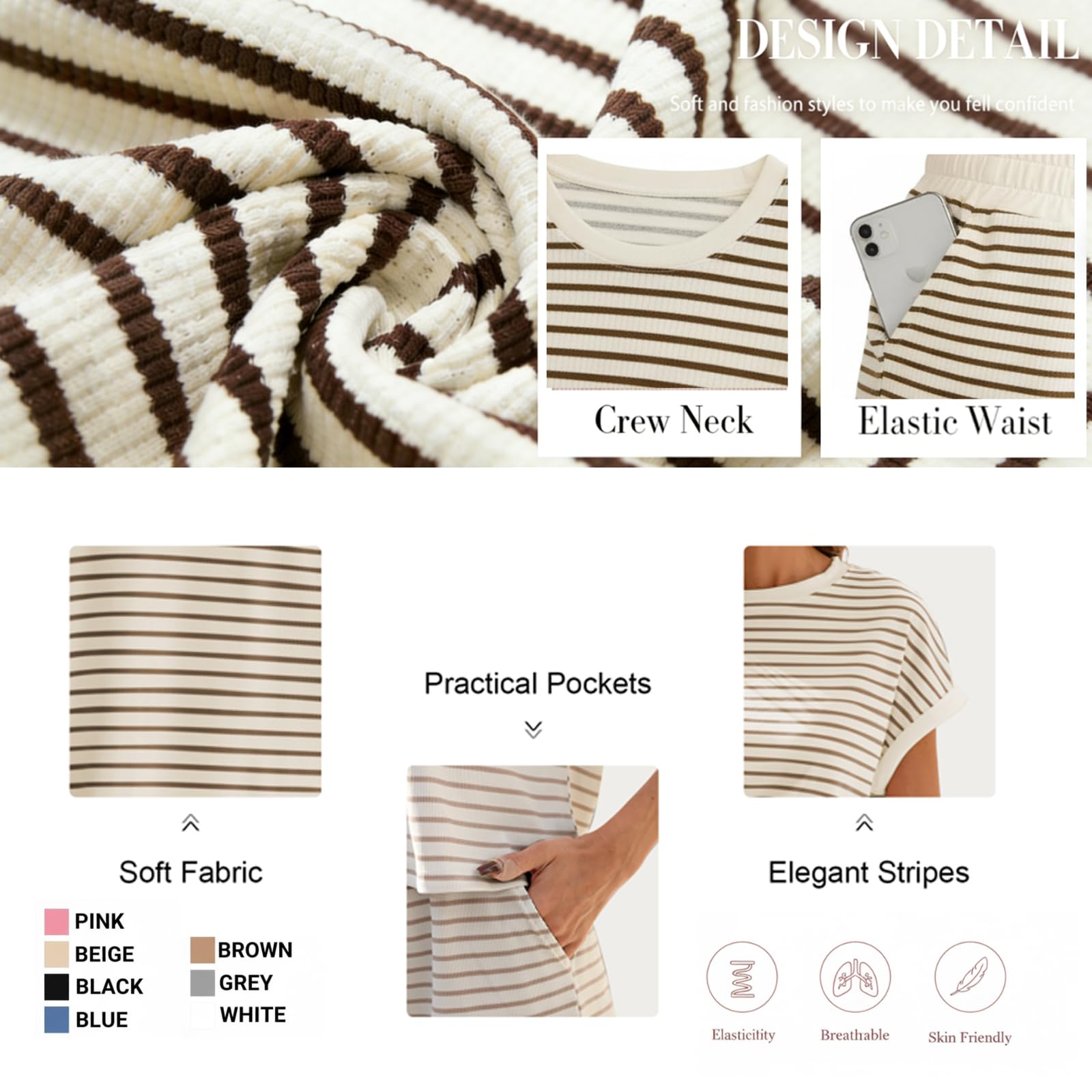 Famulily Pigiama da donna a righe estivo morbido Loungewear Top e pantaloncini Co ord Set con tasche
