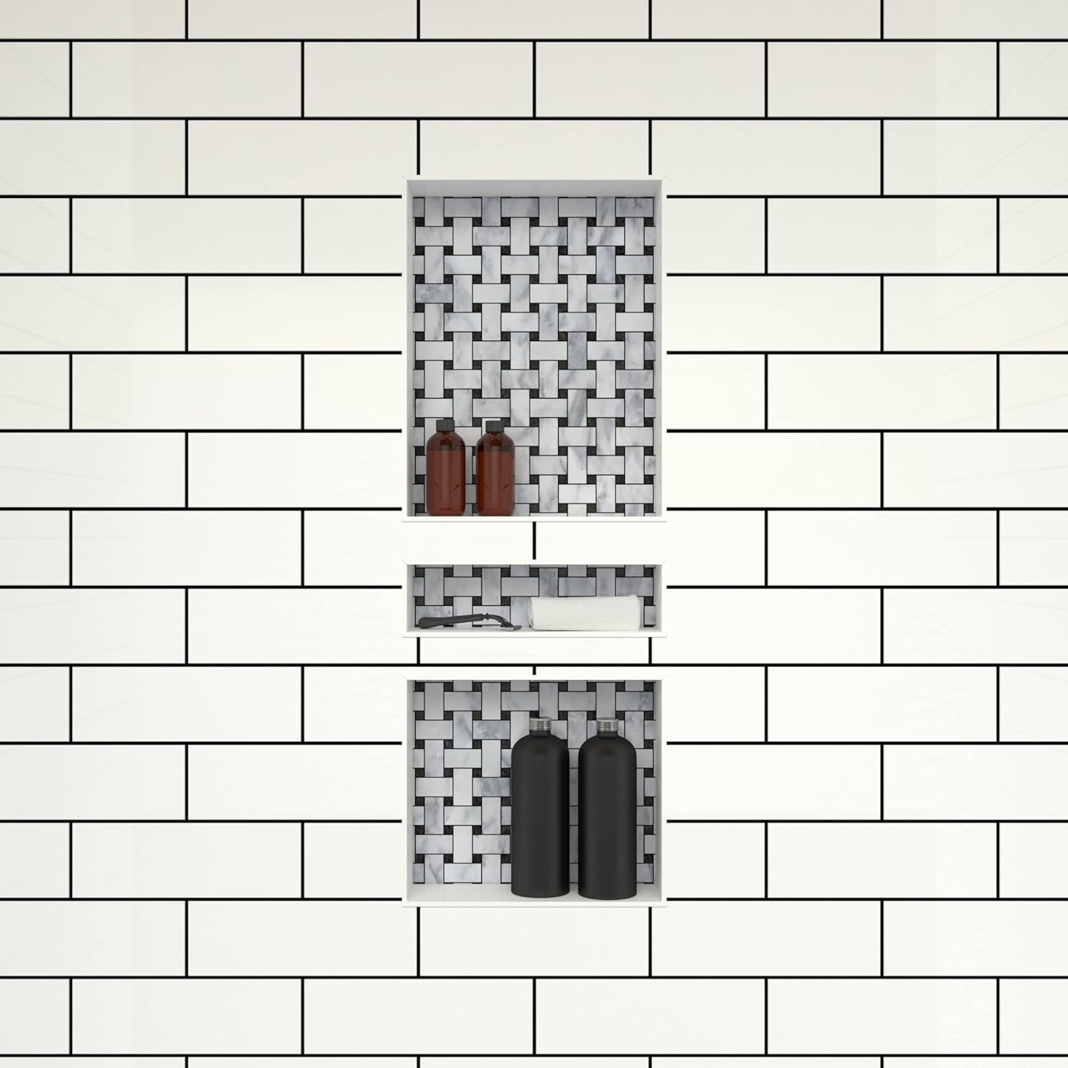 Redi Niche Triple Niche Recessed Shower Shelf- Black, Three Inner Shelves, 16-Inch Width x 40-Inch Height x 4-Inch Depth