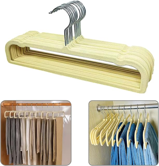 Trouser Hanger, 10 Pack Space Saving Non-Slip Pants Hanger Heavy Duty Durable Velvet Trouser Hangers35cm Extra Long Clothes Hanger for Jeans Dresses Towels Scarfs Ties