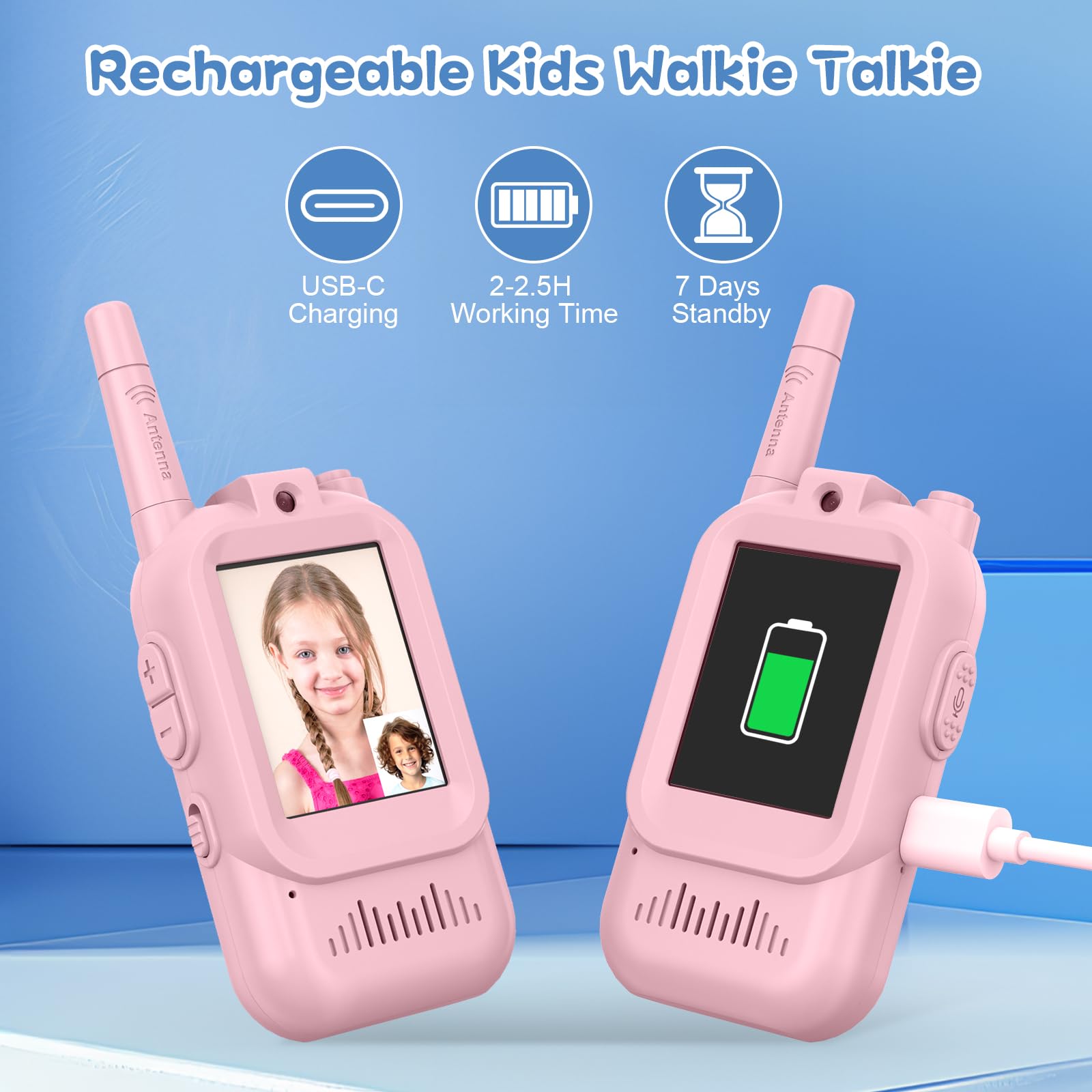 Hangrui Talkie Walkie Enfants avec Vidéo & HD Caméra,Lot de 2 Talkies-Walkies Rechargeable,Portée 100-400m,4 Modes de Voix Changée, Cadeaux Jouets de Plein air pour Enfants de 3 à 12 Ans (Rose + Rose)