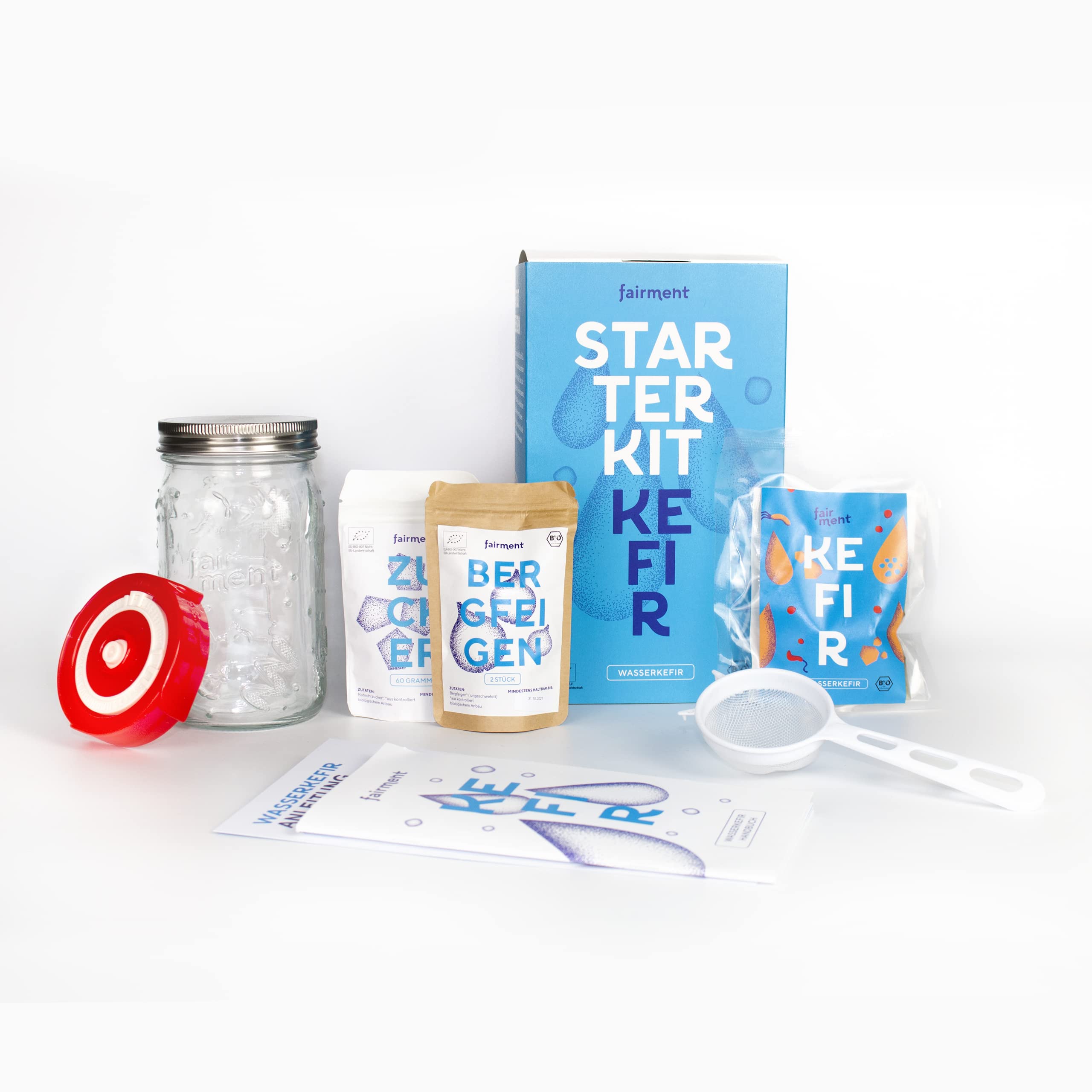 Fairment Starterkit Wasserkefir - Bio Kefirkristalle, Glas, Zutaten, Zubehör und Rezepte